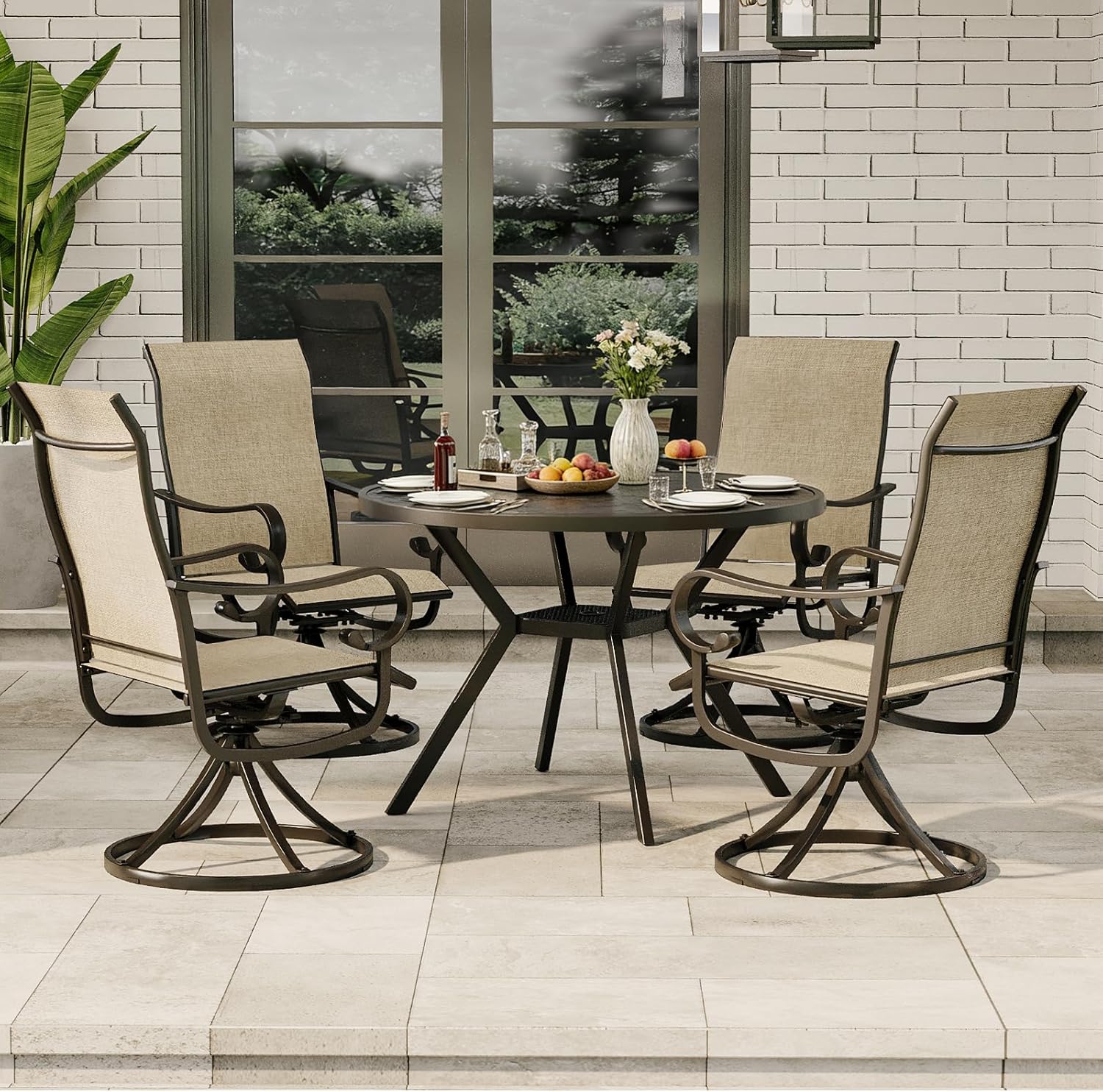 Patio Swivel Chairs Set of 4, Outdoor Dining Chairs with High Back, All-Weather Swivel Rocker Chair with Sturdy Metal Frame for Outdoor Poolside Lawn Garden, Brown