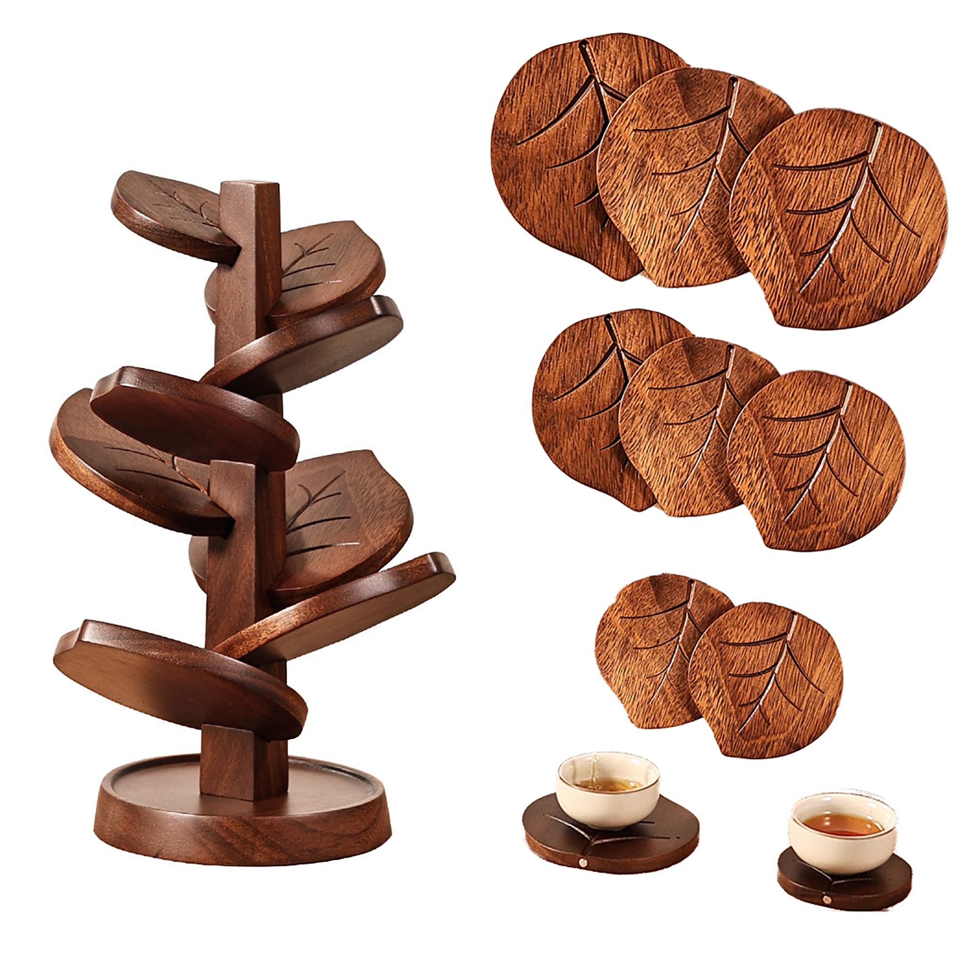 Set da 8 sottobicchieri in Legno con Supporto per riporre, Design Noce, Motivo Ramo Unico, Multi-Misura per Tazze, per Piano Cucina e Tavolo da Pranzo