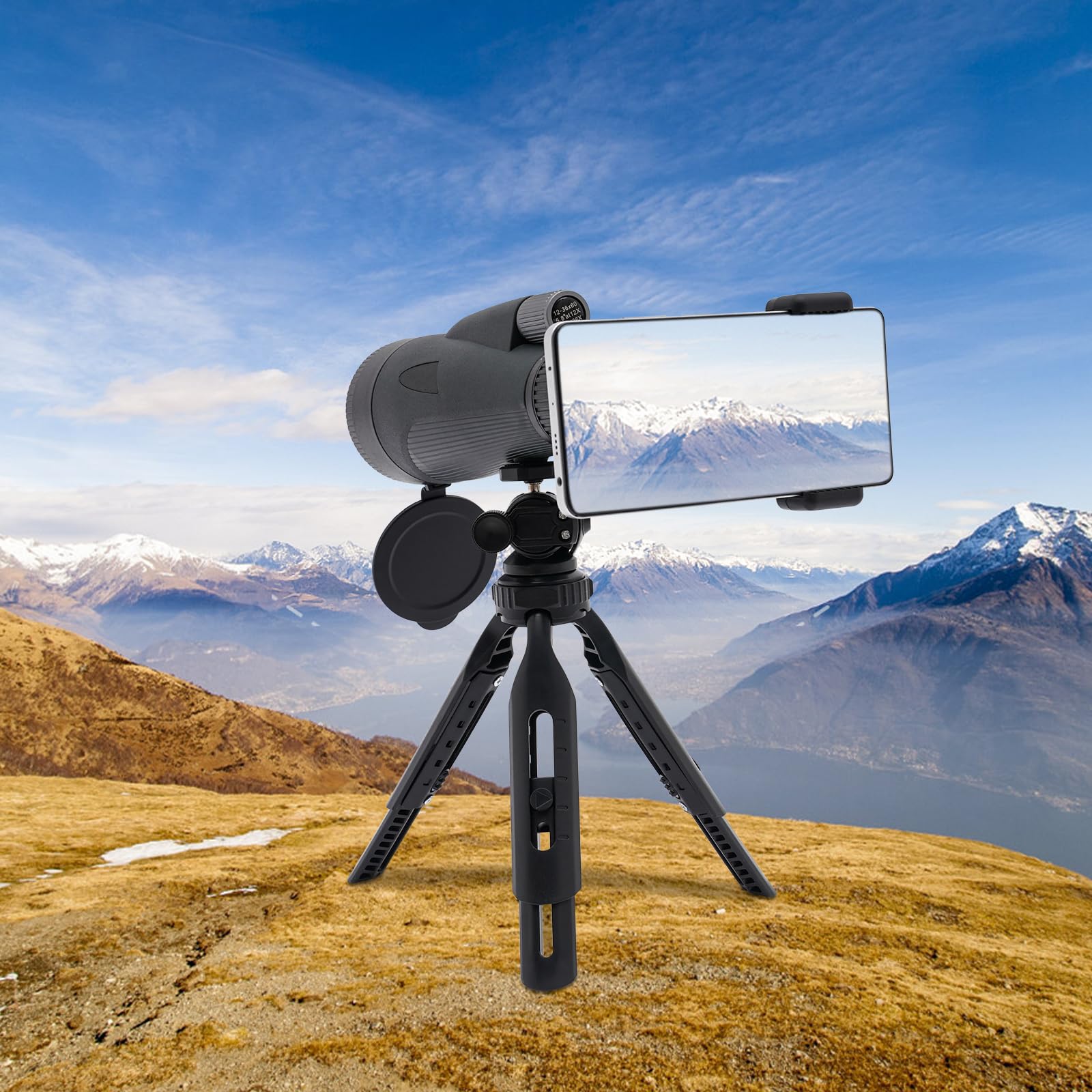 12-36X60 BAK4 Prism Monocular Telescopio Alta Definición Telescopio Amplio Campo de Visión Alcance Portátil Con Trípode Correa de Mano Bolsa de Paño para Observación de Aves Vida Silvestre