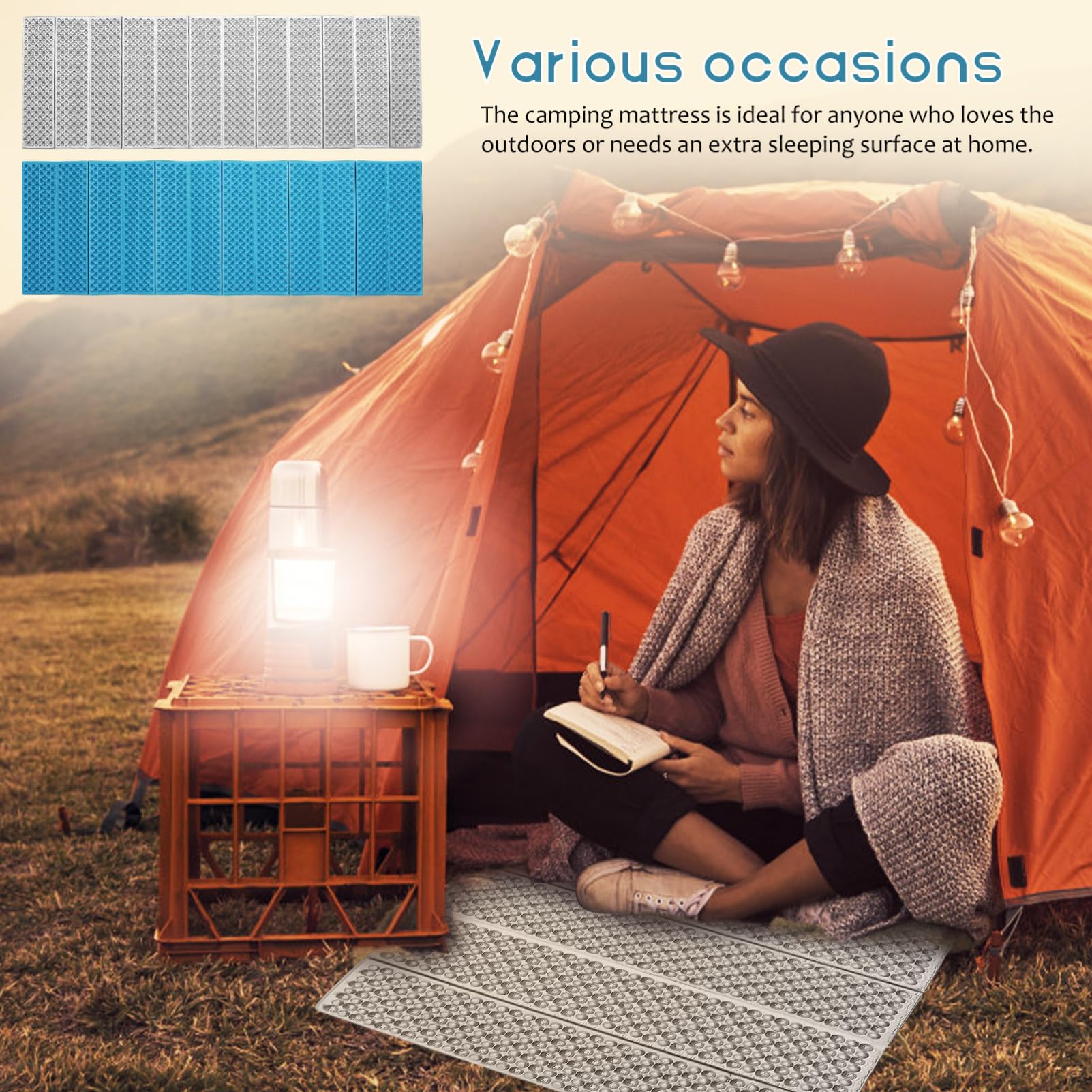 POPETPOP Thermal Foam Pad Camping Mat Egg Crate Sleep Pad 186x60cm Blue Folding Sleep Mat for Backpacking
