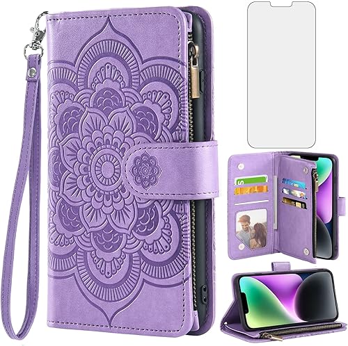 Asuwish Funda de teléfono para iPhone 14 Plus de 6.7 pulgadas, funda tipo cartera con protector de pantalla de vidrio templado y soporte para