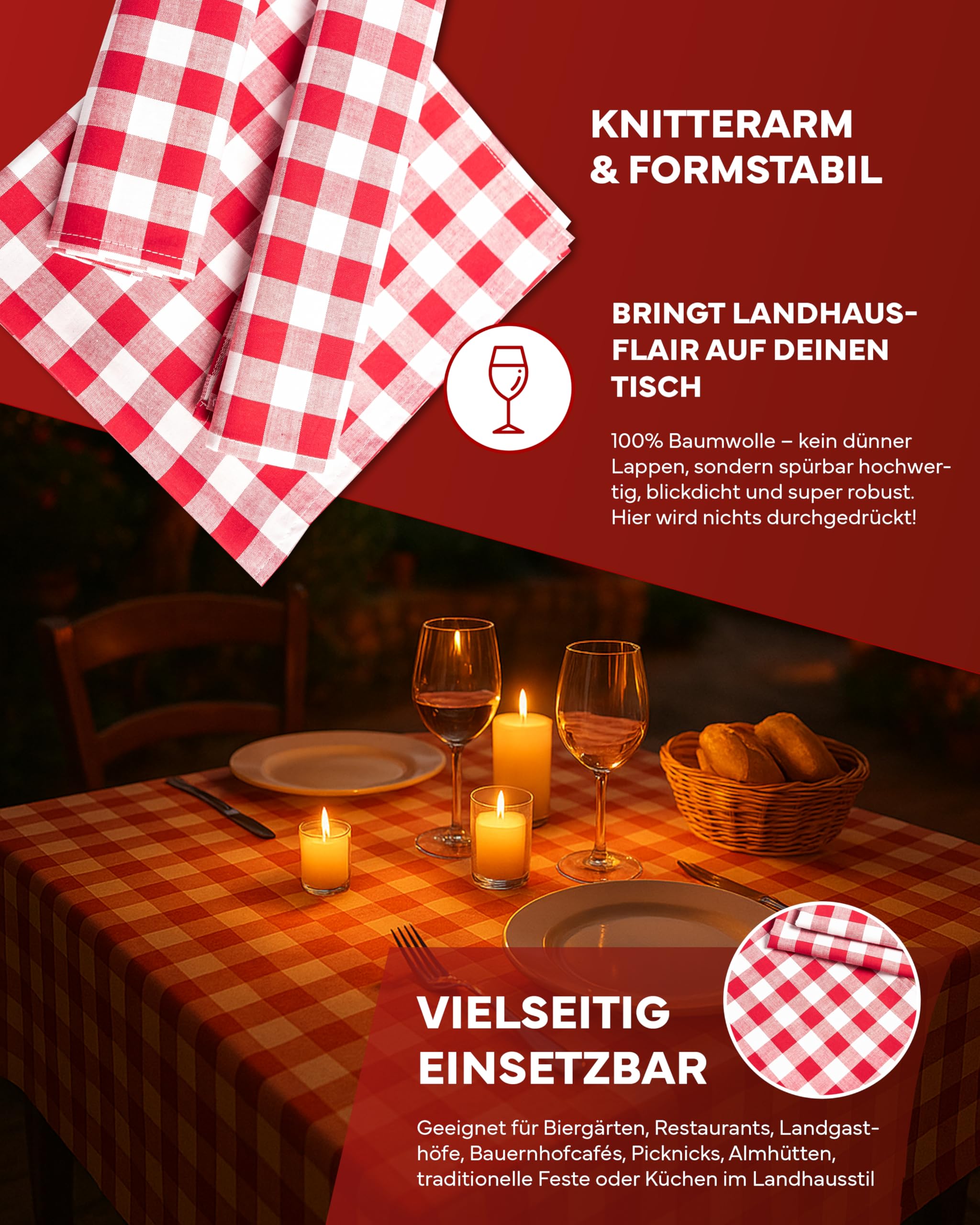 Nappe style maison de campagne 520 x 140 cm à carreaux rouge/blanc 20 mm 100 % coton