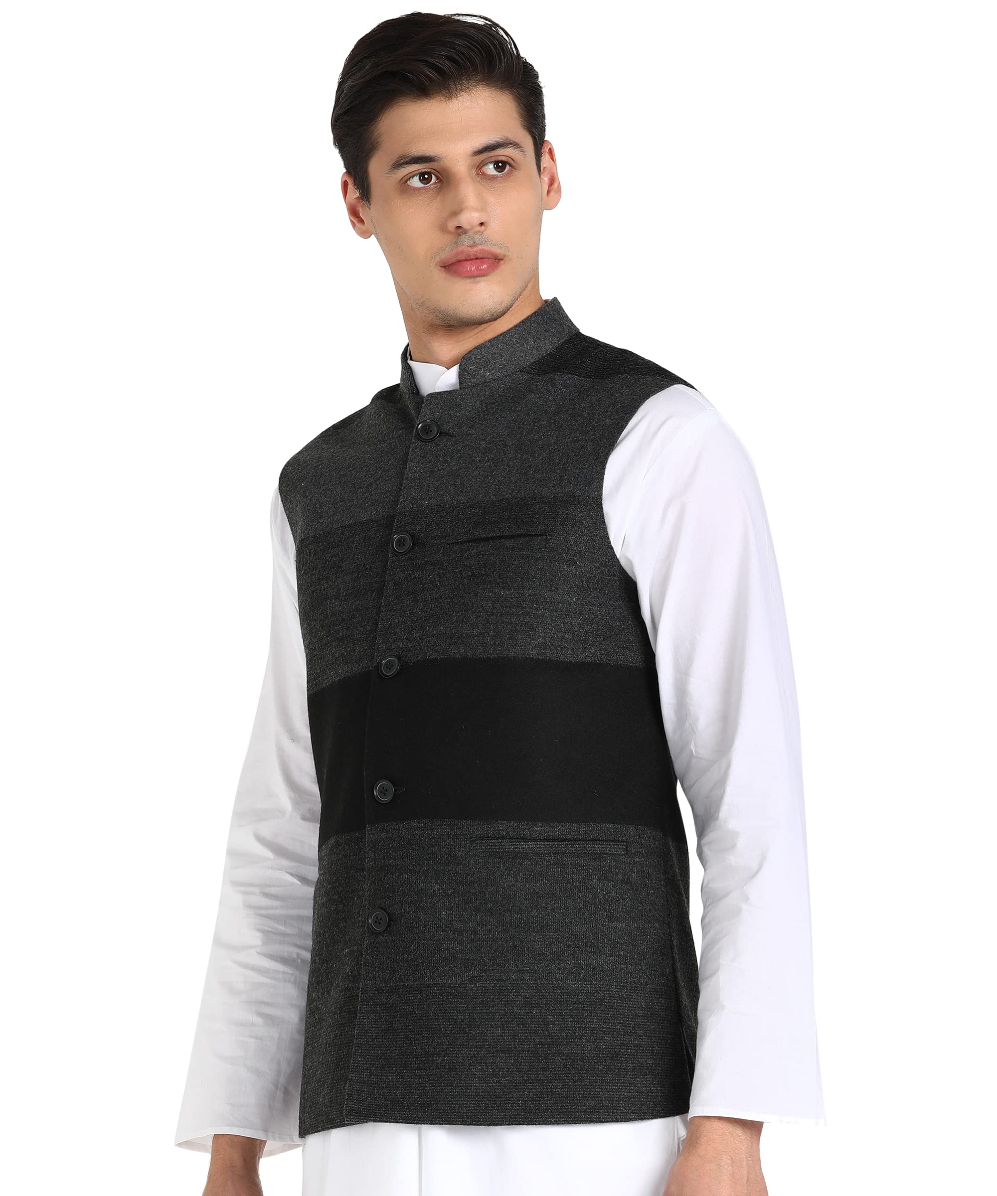 essentiele GREY BLACK STRIPED WOOLEN NEHRU JACKET-picture-21
