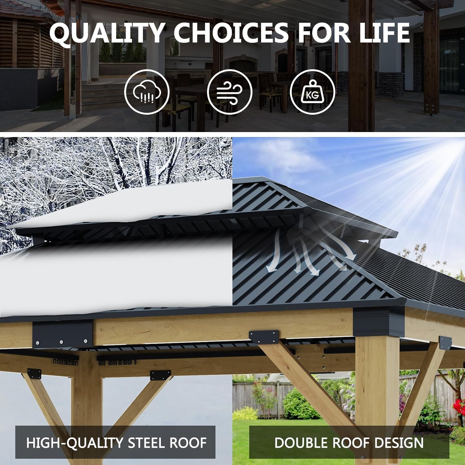 11x13FT Wood Gazebo, Outdoor Wooden Gazebo with Glavanized Steel Double Roof, Hardtop Gazebos for Garden, Patio, Deck, Backyard