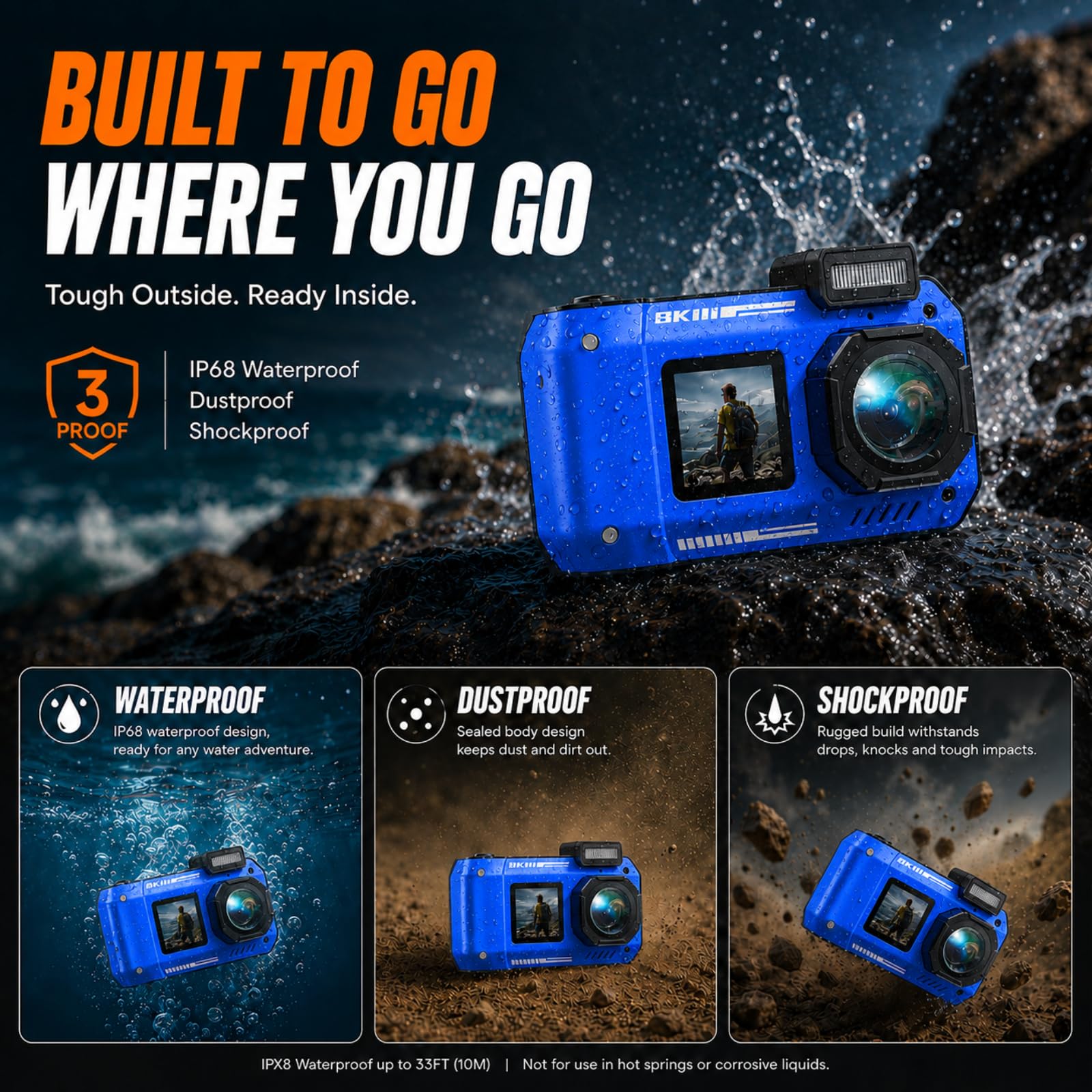MaxMango D50 33FT Cámara Digital Impermeable, 8K 70MP Cámara Acuática con 16 GB, Cámara de Fotos con 2.88" Doble Pantalla 18x, Resistente al Polvo y a los Golpes, Autofocus - Azul