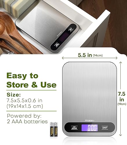 Miniatura 4 de Atogou Báscula de alimentos, báscula digital de cocina de 33 libras con pantalla LCD de vista completa, superficie de acero inoxidable duradera