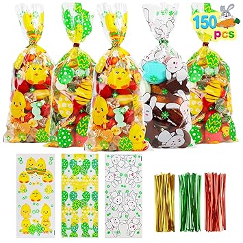 LOKIPA 150 PCS Easter Bunny Cellophane Party Bags Treat Candy Bags with 300 Pieces Twist Ties for Kids Easter Parties and Treats