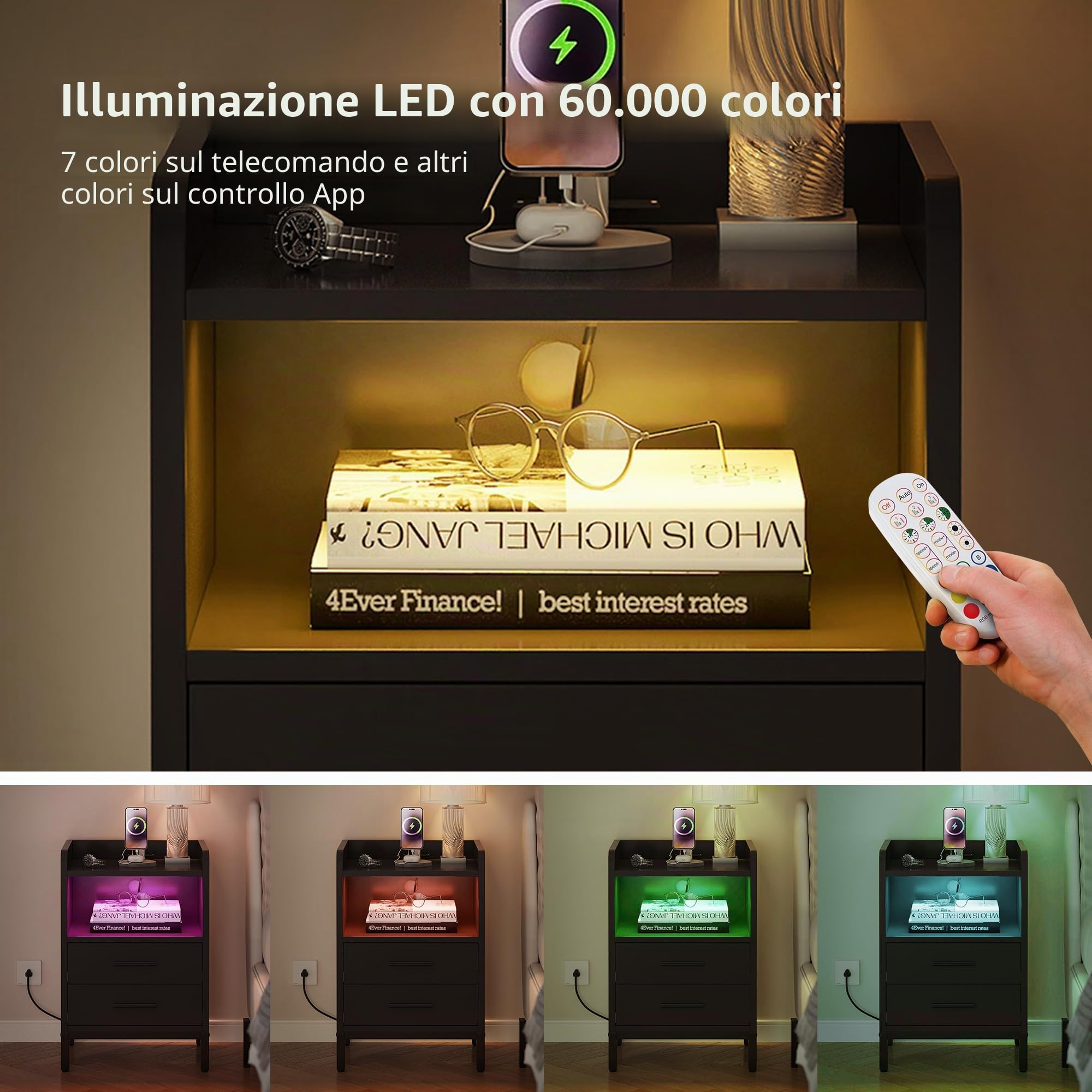 YITAHOME Comodino con stazione di ricarica, comodino nero con LED e presa di corrente, comodino con 2 cassetti e 1 scomparto Nightstand, tavolino per soggiorno, camera da letto