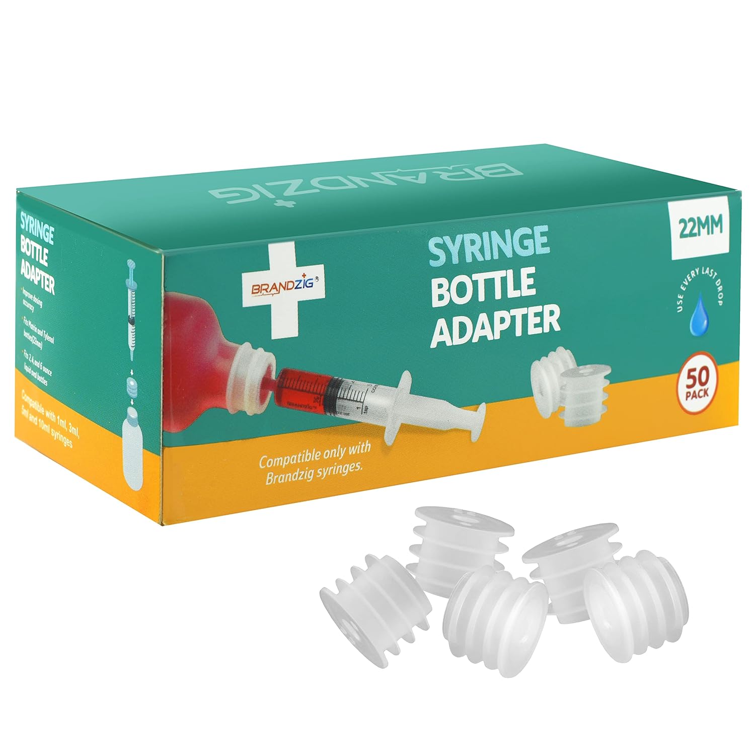 Medicine Bottle Syringe Adapter for Oral Dispensers (22mm, 50 Pack