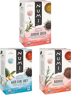 Numi Organic Tea Variety Pack, 18 Count Box of Tea Bags (Pack of 3), Jasmine Green, Aged Earl Grey & Rooibos Teas (Packagi...