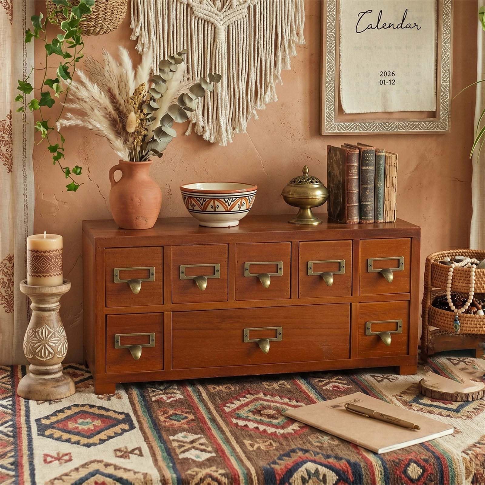Organizer da scrivania in legno con 7 cassetti, realizzato a mano, per cancelleria, cosmetici e forniture per ufficio, piccoli oggetti