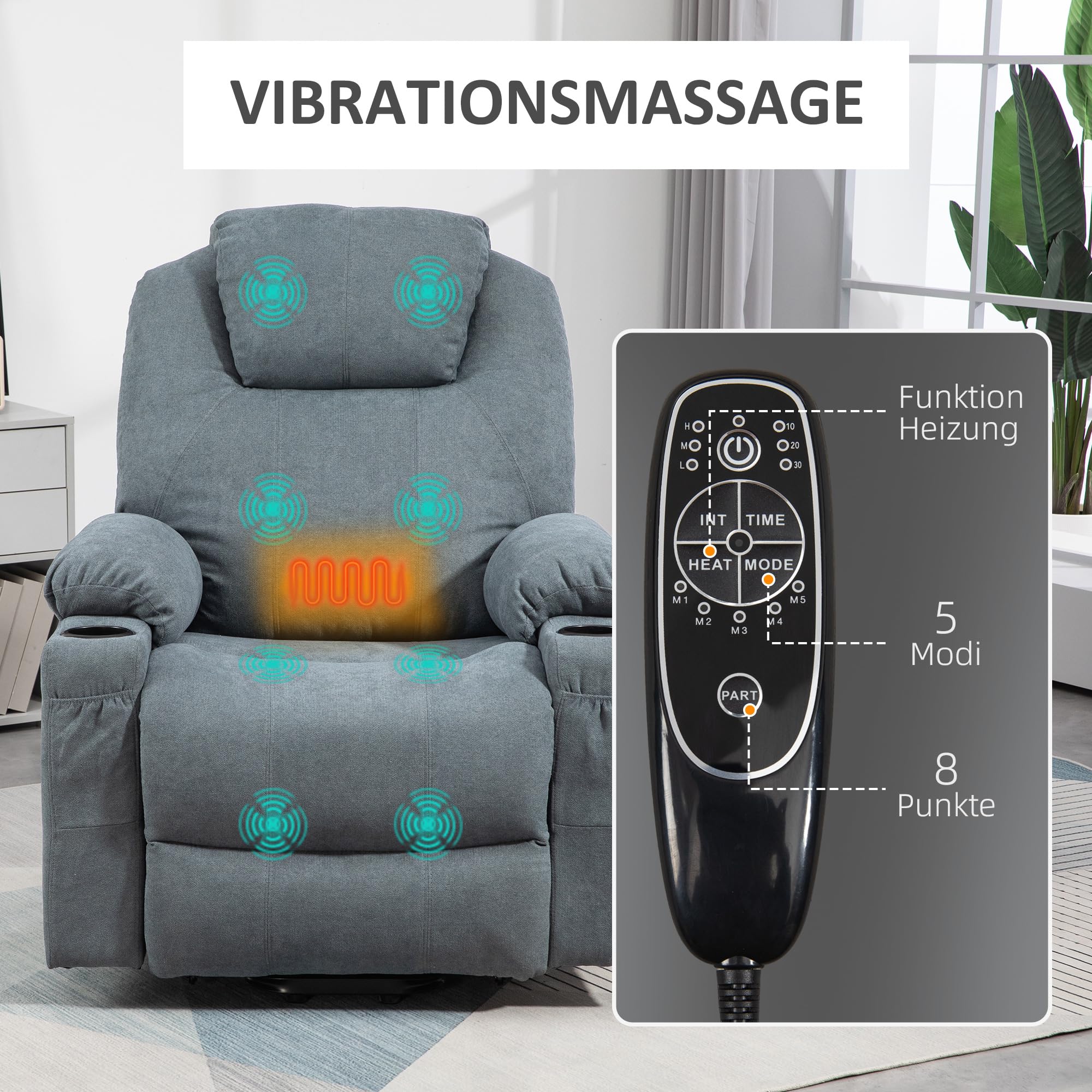 Relaxsessel Mit Liegefunktion HOMCOM Fernsehsessel Mit Aufstehhilfe Elektrisch , Wärmefunktionen, TV-Sessel Mit Massagefunktion, Aufstehsessel Mit Seitentasche Und Fernbedienung, Dunkelgrau Sessel Mit Hocker