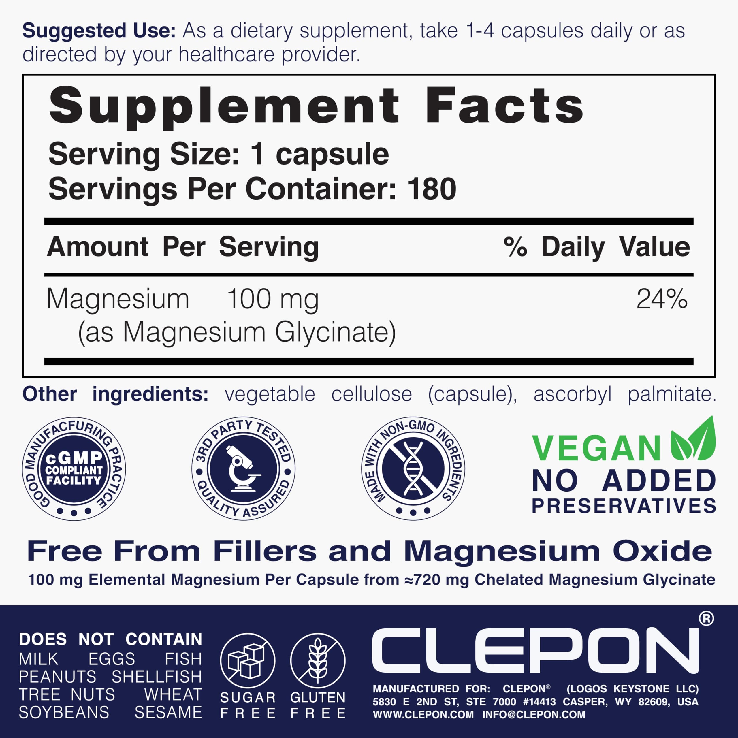 Magnesium Glycinate - 100% Chelated for High Absorption - 180 Capsules - 100mg Elemental Magnesium per Capsule - Relaxation, Muscle Cramps Relief & Sleep Support - 3rd Party Tested, Vegan — Amazon image 4
