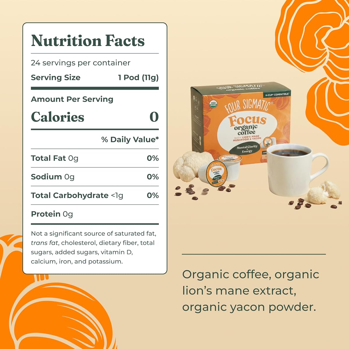 Four Sigmatic Mushroom Coffee K-Cups | Organic Dark Roast Coffee with Lion’s Mane Mushroom Powder & Yacon | Focus & Immune Support | Vegan & Keto | Sustainable Pods | 24 Count Focus Original 24 Count (Pack of 1) image 1