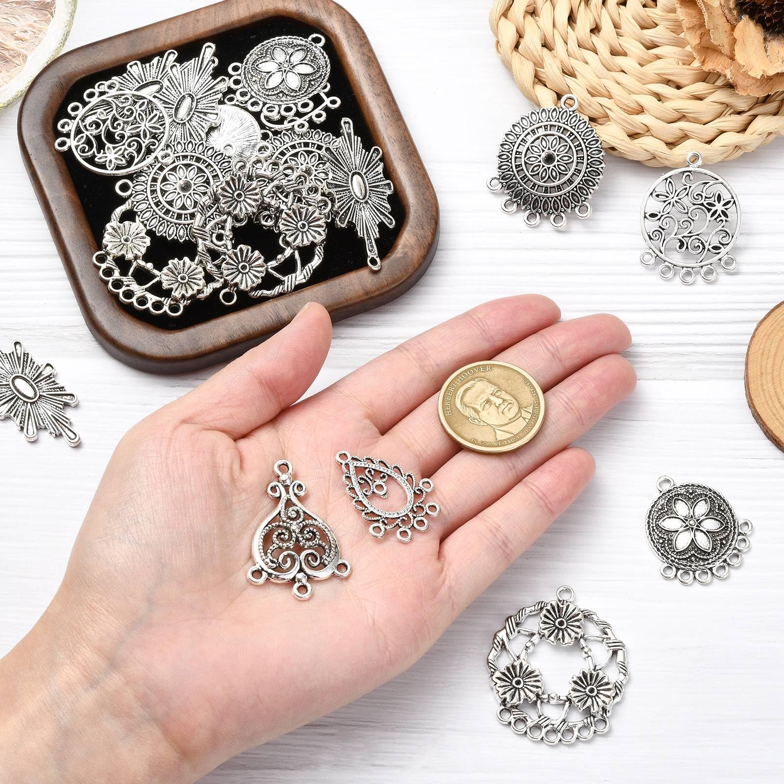 UR URLIFEHALL 40 Pcs 10 Styles Tibetan Silver Chandelier Connector Charms Filigree Connectors Charms for Jewellery Making DIY Earring Crafts - Image 4