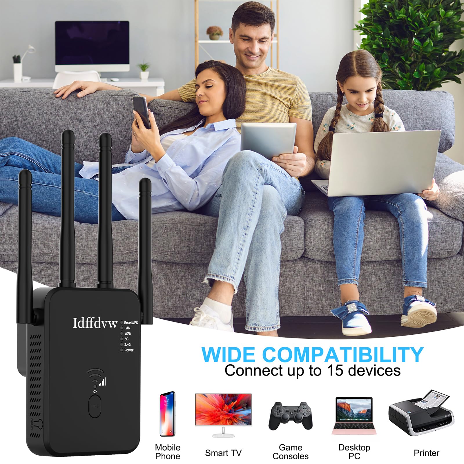 WLAN Verstärker, 1200Mbit/s WLAN Repeater, 5G & 2.4G Dualband Ultraxtender WiFi Verstärker mit LAN anschluss, WPS, Kompatibel mit 99% Standard-WiFi Routern, Deckt bis zu 9200Sq.ft und 35 Geräte