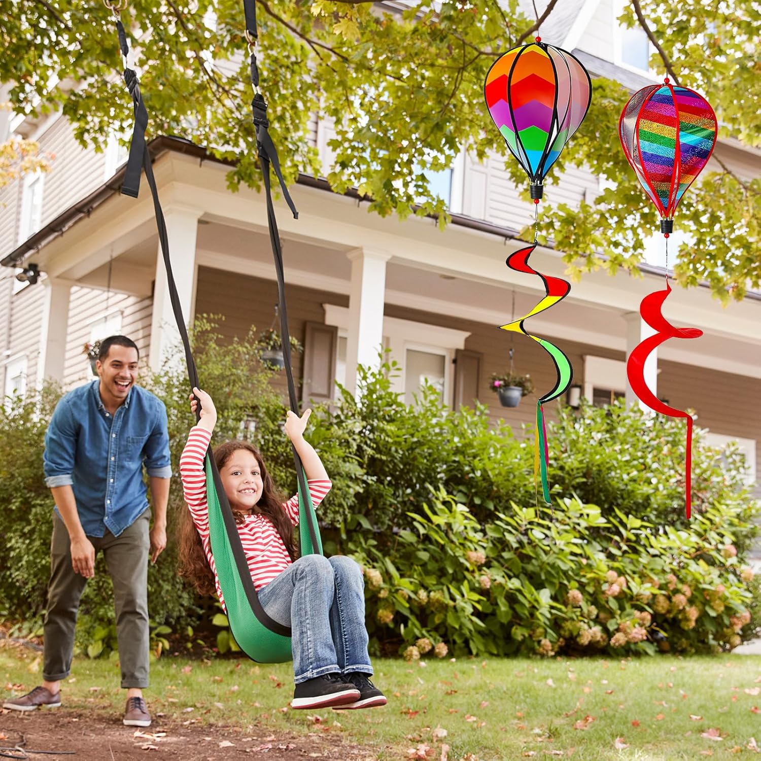 5 Pcs Hot Air Balloon Wind Spinners Rainbow Spinner Wind Chime Garden Windmill Spinner Kinetic Hanging Decor for Lawn Yard (Strip Style)