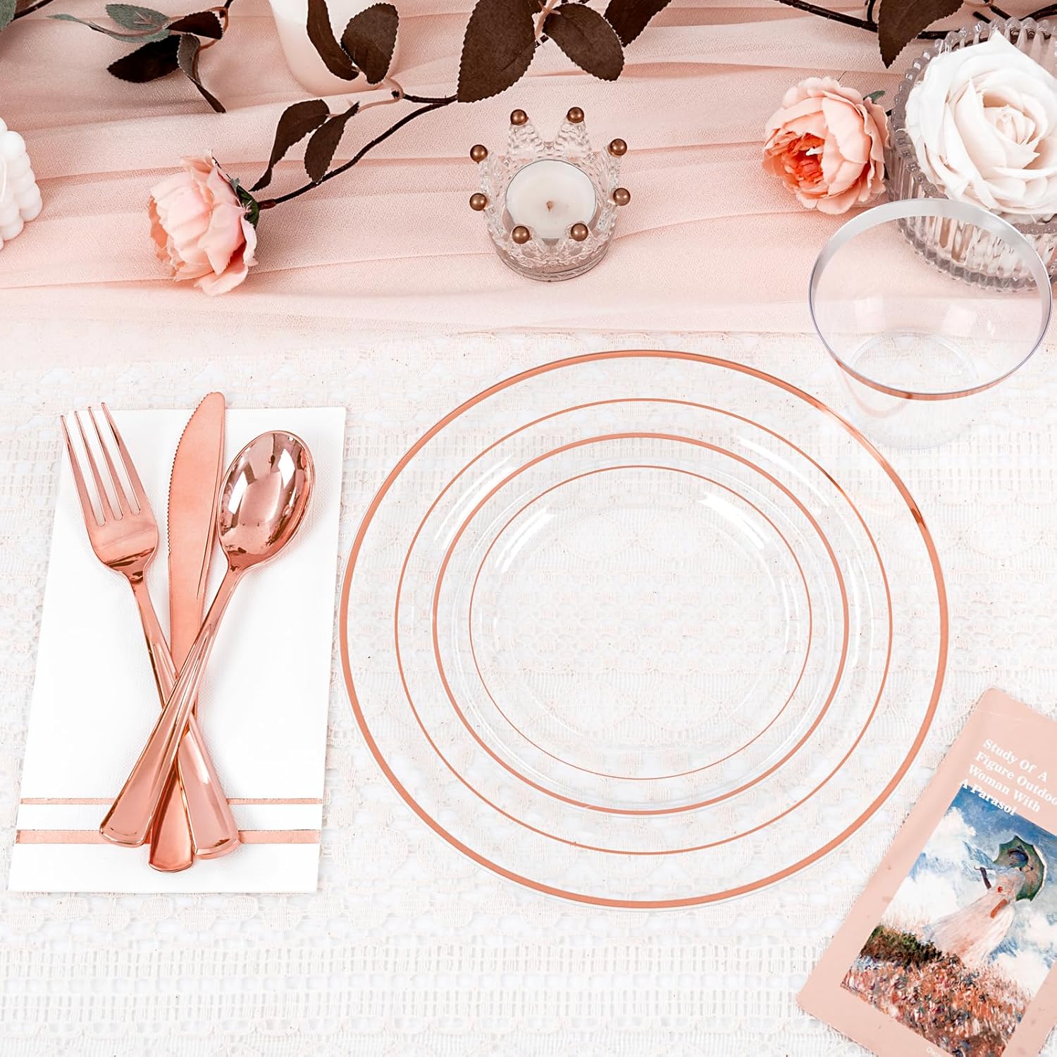 GATHER 350PCS Rose Gold Plastic Plates - Disposable Rose Gold Dinnerware Includes 100 Clear Rose Golds Rimmed Plastic Plates, 150 Silverware, 50 Napkins, 50 Cups for Party, Wedding, Valentine's Day - Image 5