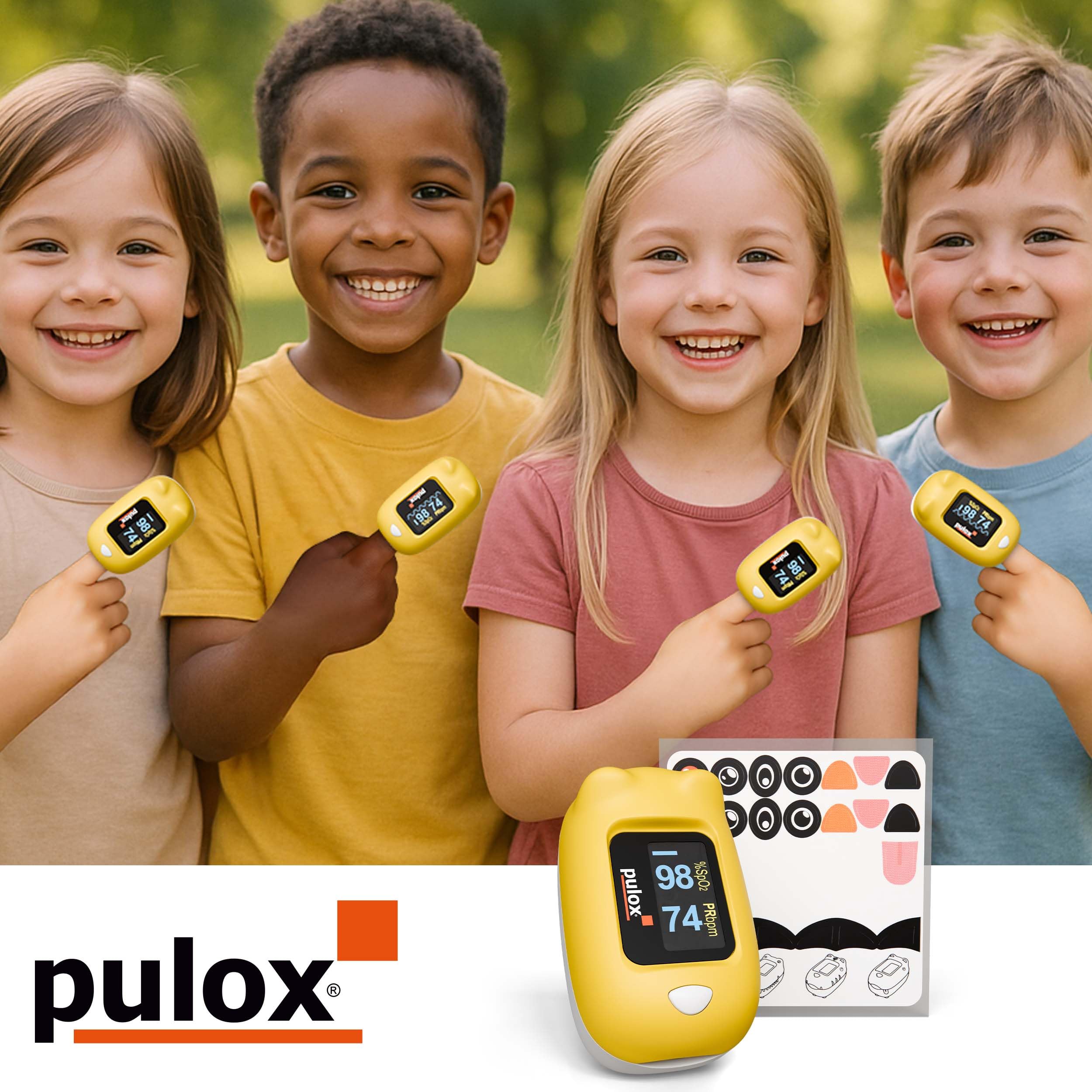 Pulox PO-230 Oxymètre de pouls pour enfants - En jaune avec autocollants - Mesure de la saturation en oxygène et de la fréquence cardiaque