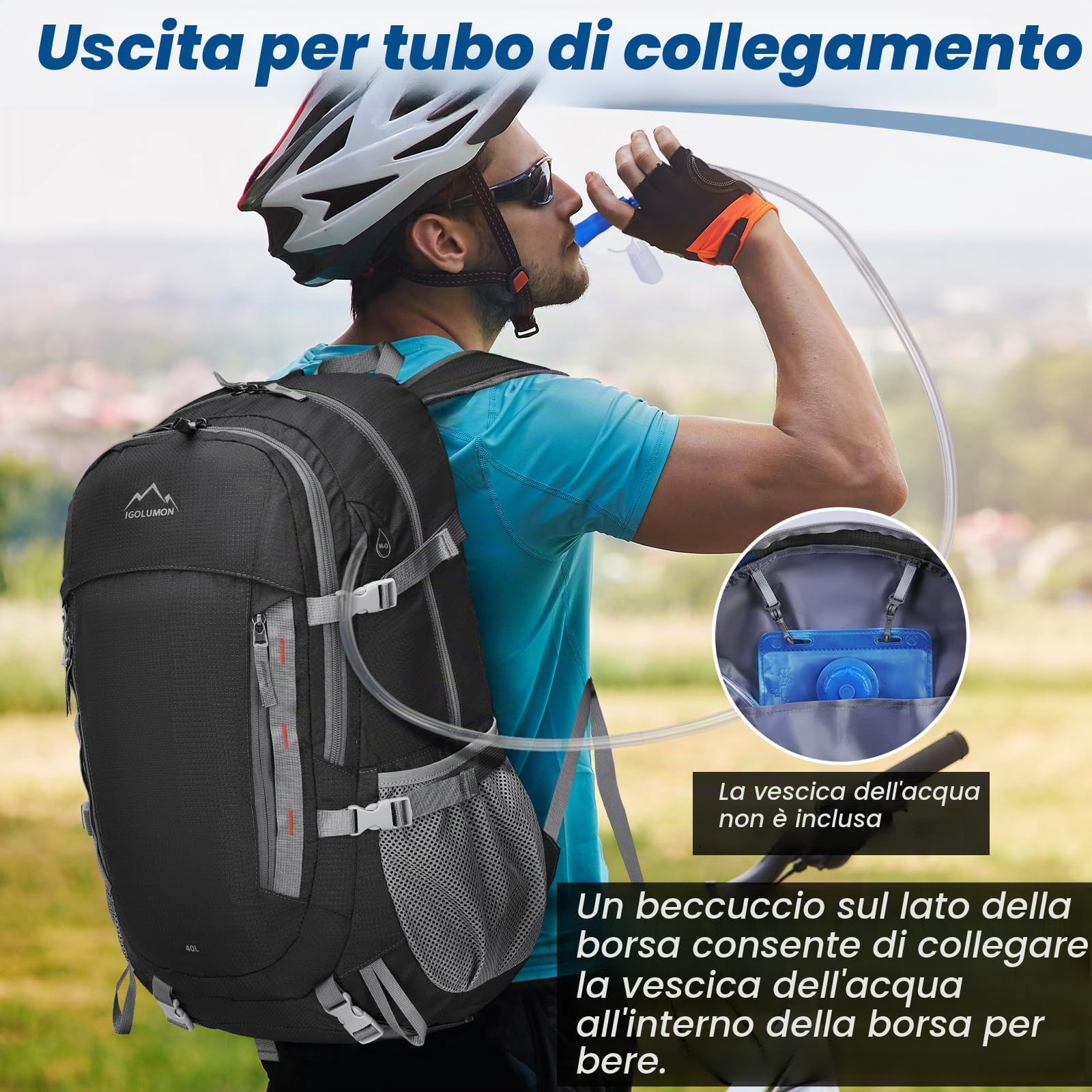 IGOLUMON Zaino Trekking 40L Leggero Pieghevole per Uomo Donna, Impermeabile con Grande Capacità per Montagna, Viaggi, Ciclismo e Campeggio - Nero