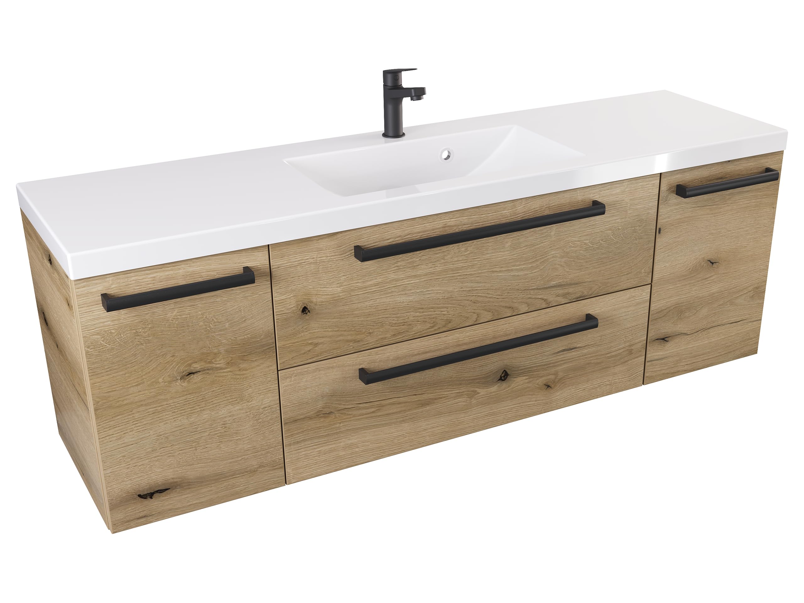 Badezimmer-Waschtischunterschrank 140 cm D ATH DC - Mattes Holzdekor - Schwarzer Mattgriff