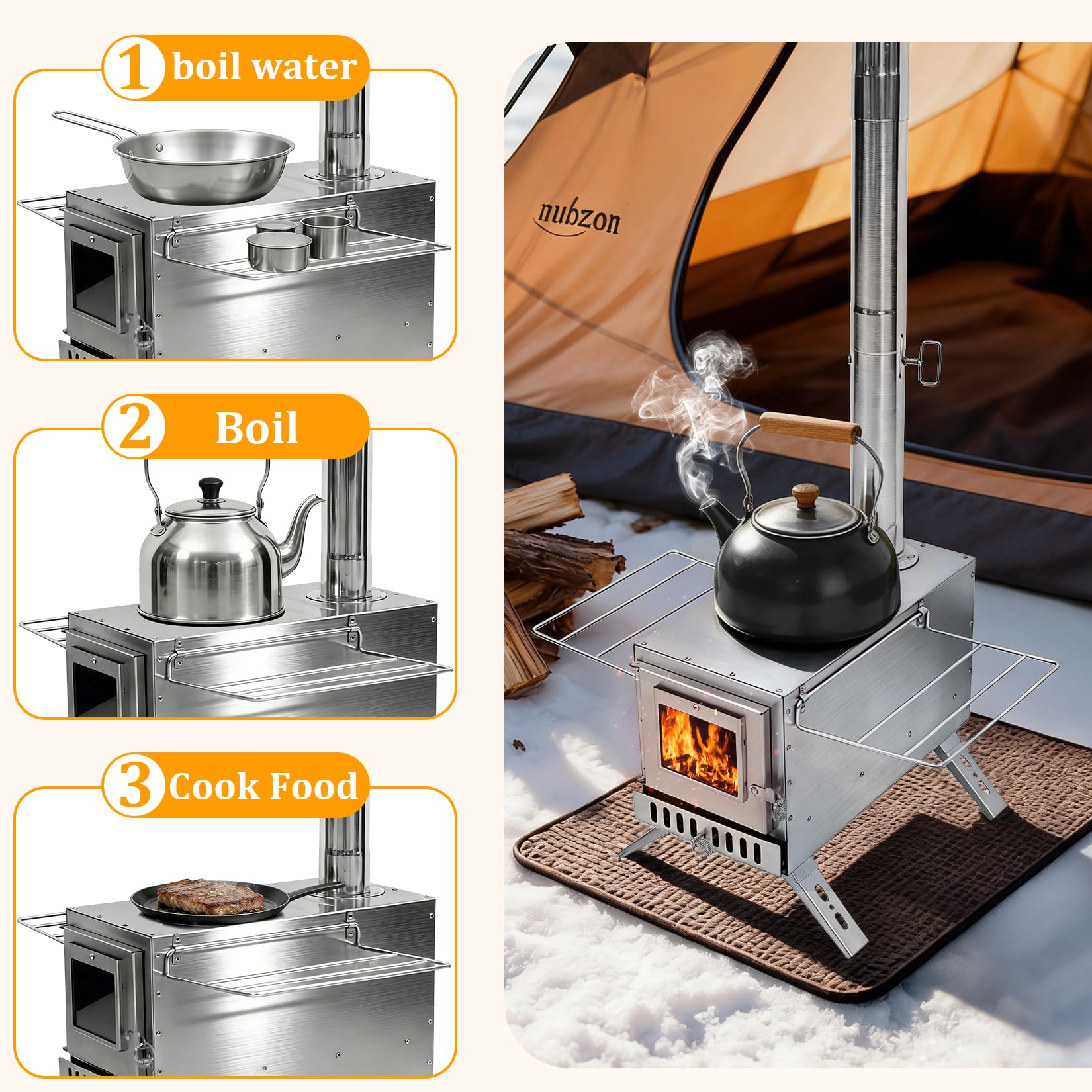 unho Zeltofen Gartenofen Tragbarer Holzofen, Campingherde Edelstahl Holzkocher mit 7 Rohren und Rohrbogen, Ideal für Camping im Zelt, Outdoor-Kochen und Gartenaktivitäten, 32,5 x 33,5 x 210 cm