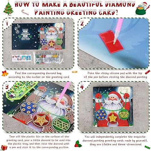 Miniatura 5 de Clabby 12 tarjetas de Navidad con pintura de diamantes por número, kit de tarjetas de felicitación 5D, arte de taladro redondo para adultos,