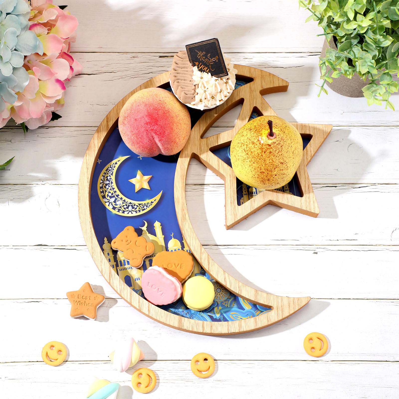 Capoda Ramadan Serving Tray Decoration - Wooden Moon and Star Tray Eid Mubarak Kareem Pastry Plate Gold Blue Food Dessert Snack Fruit Plate for Islamic Gifts Muslim Home Eid Party Supplies