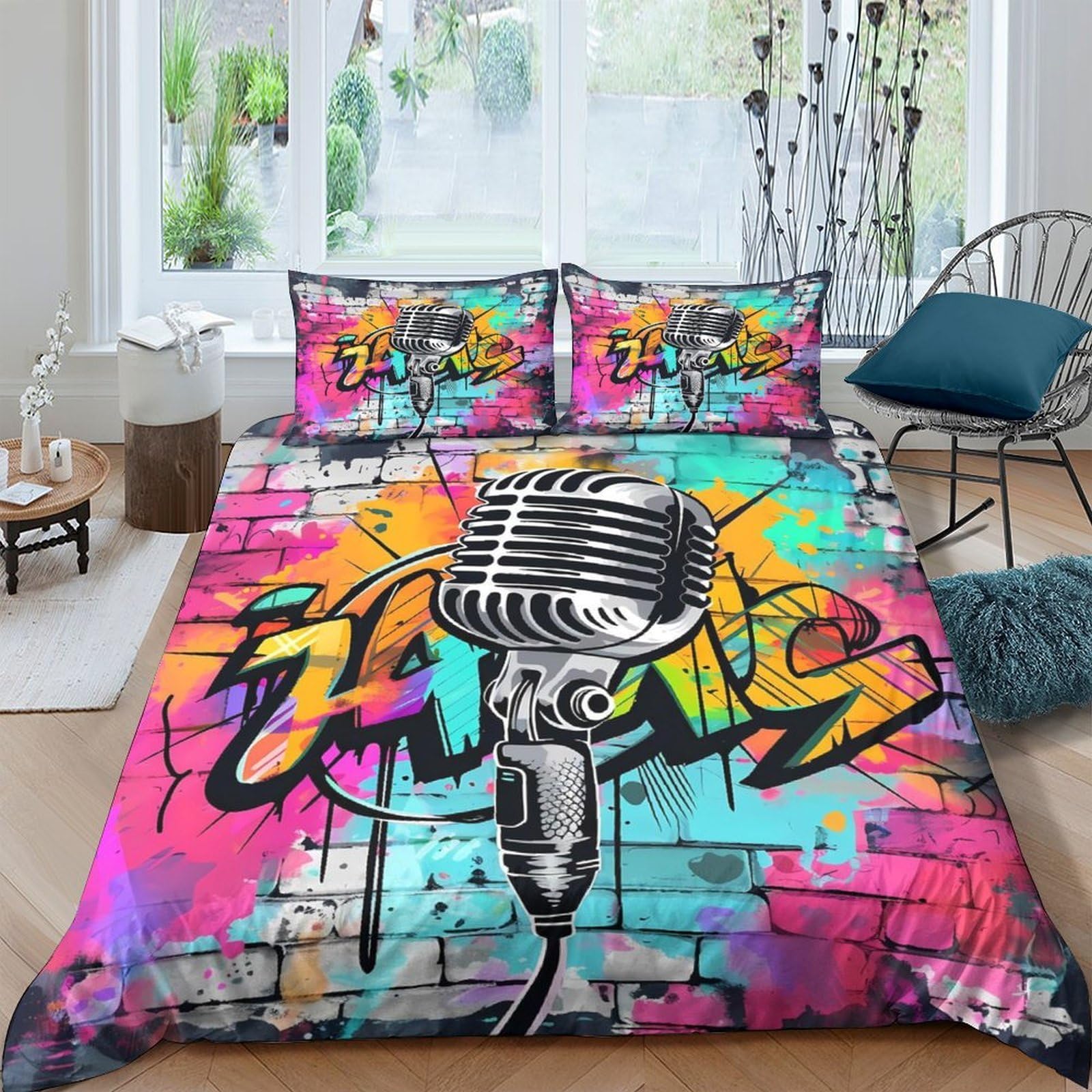 Ctjqhvkz Style-1 3D Printed Graffiti Microphone Fitted Sheet Microfiber Colourful Urban Music Bed Cover For Bedroom Guest Room Decor Single（135X200cm）