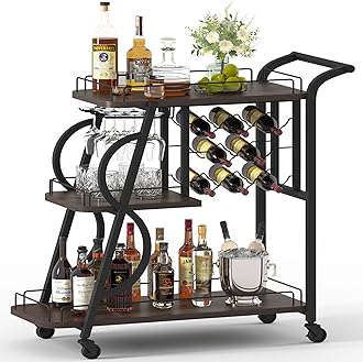 Aubtik Rustic Bar Cart, 3 Tier Rolling Bar Carts for The Home, Industrial Home Serving Cart with Wine Glass Holder, Wood Metal Liquor Trolley, Mobile Beverage and Drink Carts (Walnut Brown)