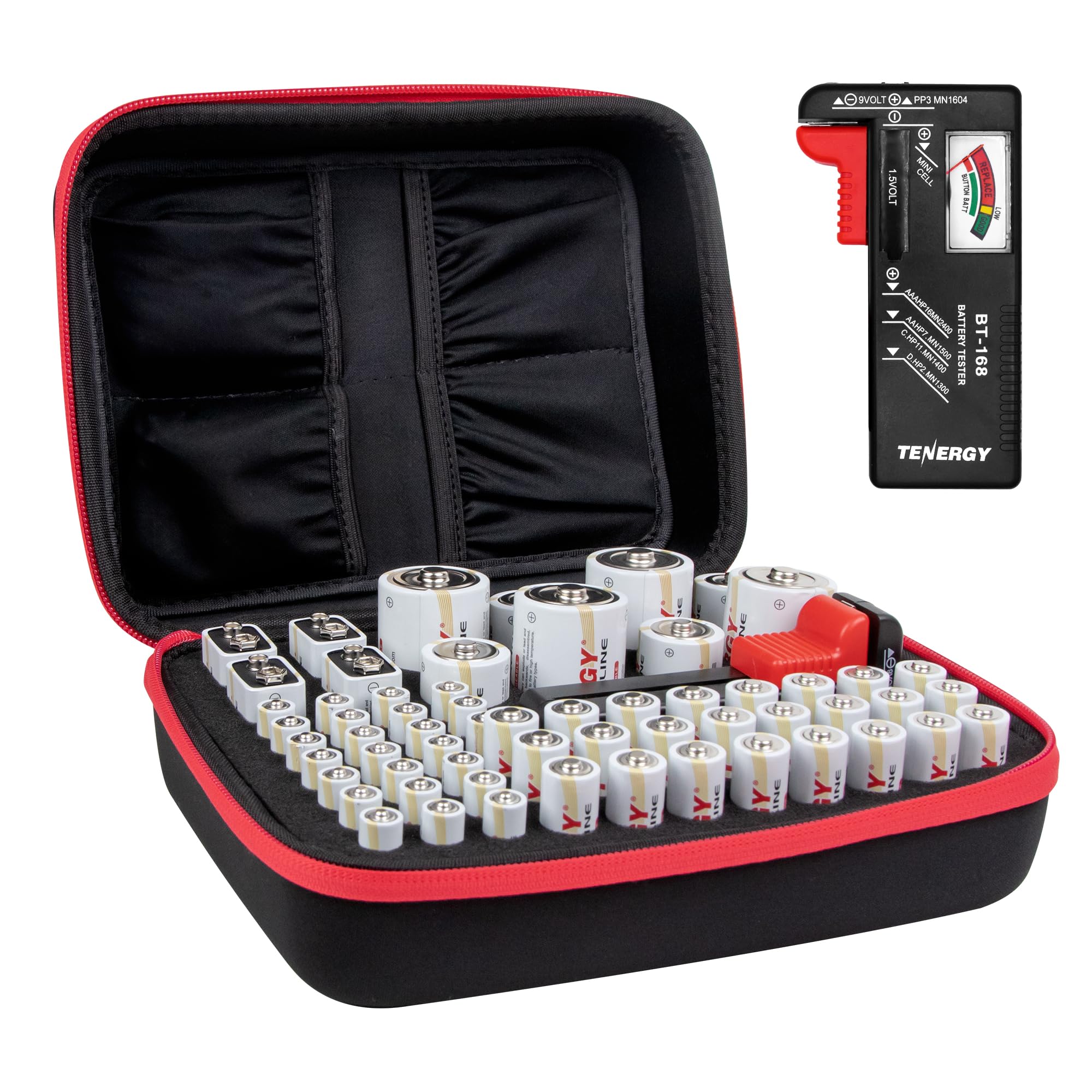 Tenergy Alkaline Batteries & Storage Case, 24xAAs, 24xAAAs, 4xC Size, 4xD Size, 4x9V Size Batteries, and Battery Organizer Case
