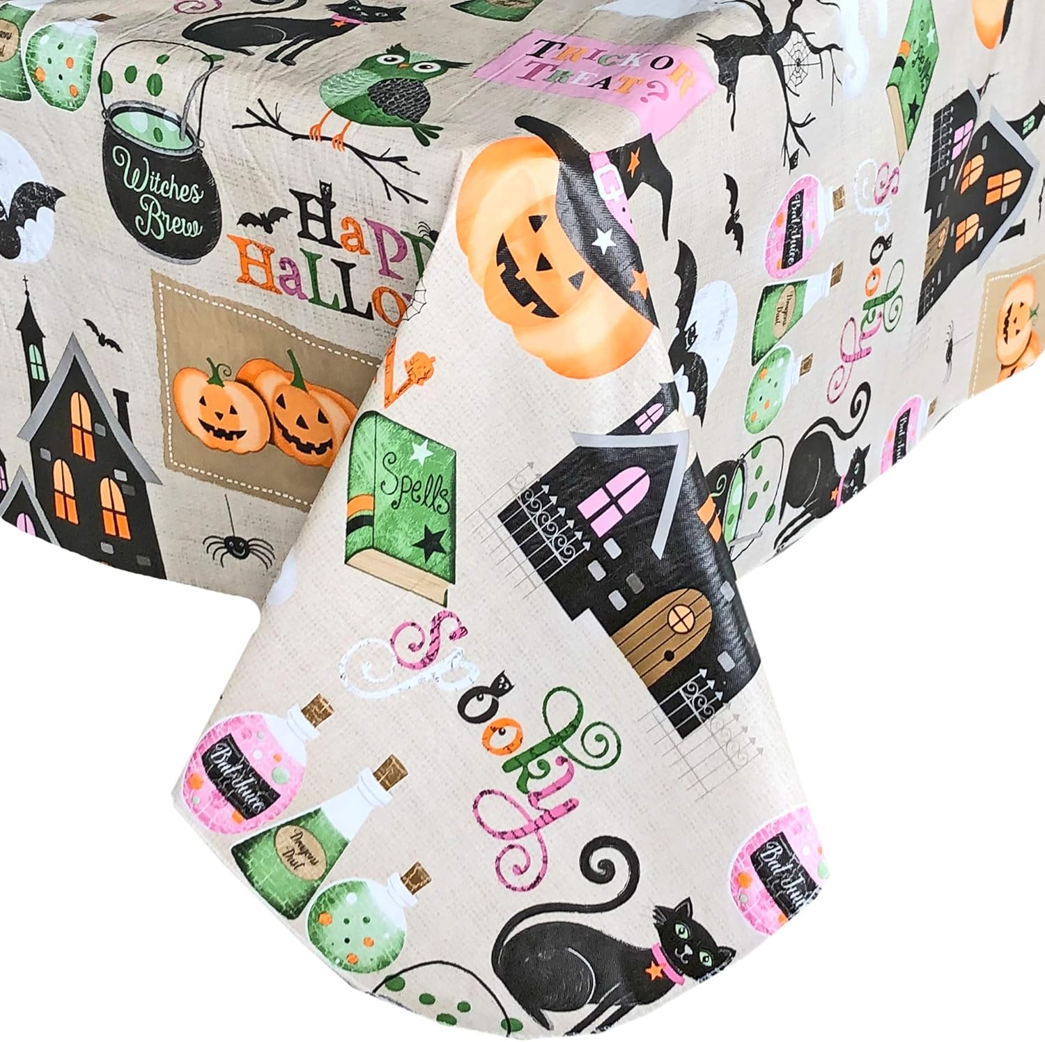 Best Deal Cheap 🛒 Newbridge Happy Halloween Witches Brew Vinyl Flannel Backed Tablecloth - Ghosts, Bats, Witches Spells and Haunted House Halloween Tablecloth , Easy Care Wipe Clean, 52 in x 52 in Square Super Big Clearance! Newbridge Happy Halloween Witches Brew Vinyl Flannel Backed Tablecloth - Ghosts, Bats, Witches Spells and Haunted House Halloween Tablecloth , Easy Care Wipe Clean, 52 in x 52 in Square