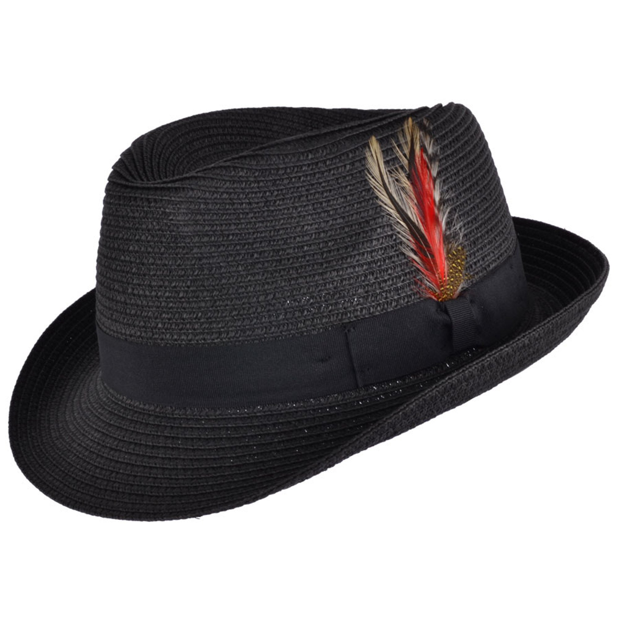 Maz Unisex Black Paper Straw Crushable Foldable Summer Trilby Hat With Band And Removable Feather And Adjustable Sweatband In 6 Colours (Small(55Cm), )
