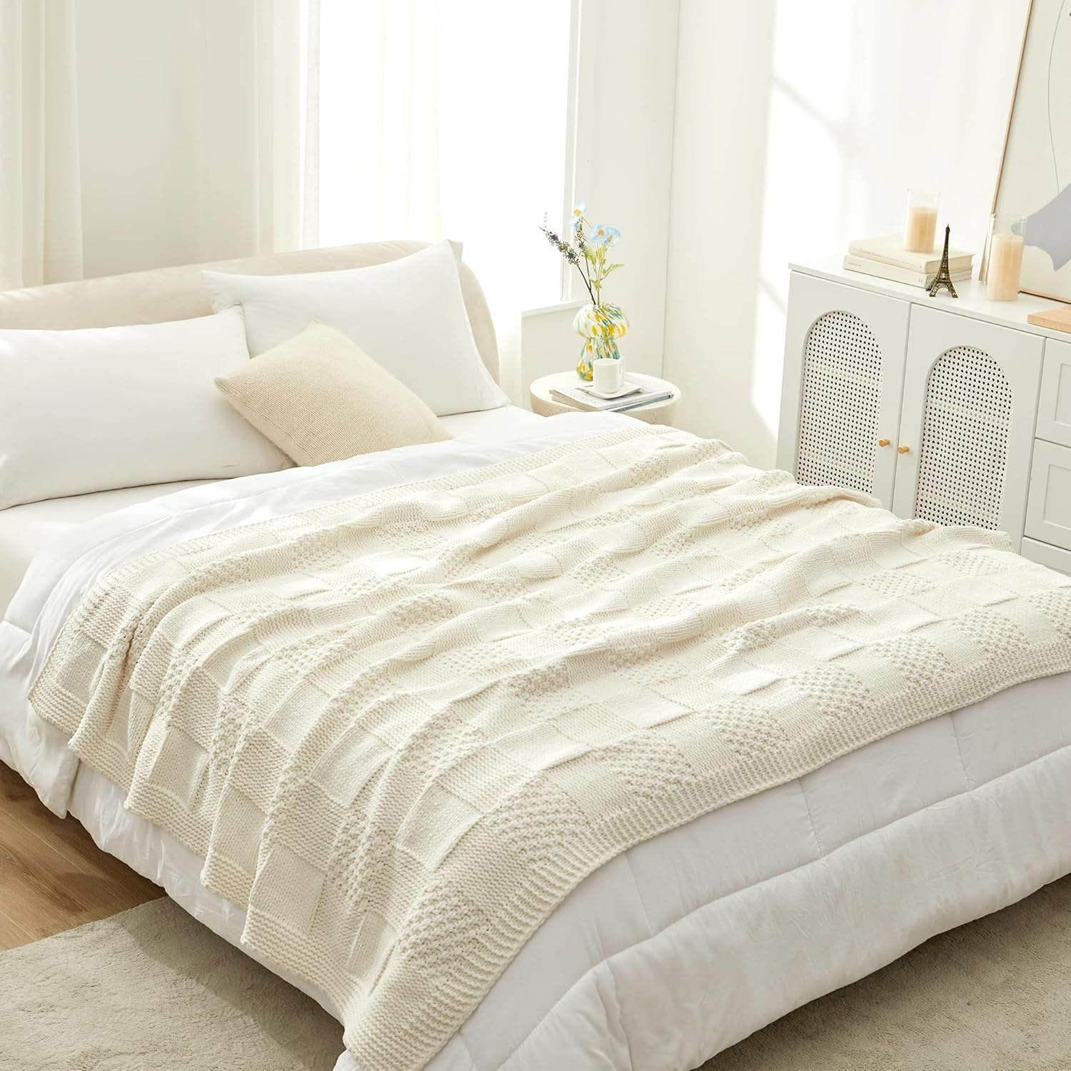 Amélie Home Checkered Chenille Knit Throw Blanket for Couch, Classic Texture Decorative Soft Blanket for Sofa, Chair & Bedroom, 50"x60", Ivory - Image 6