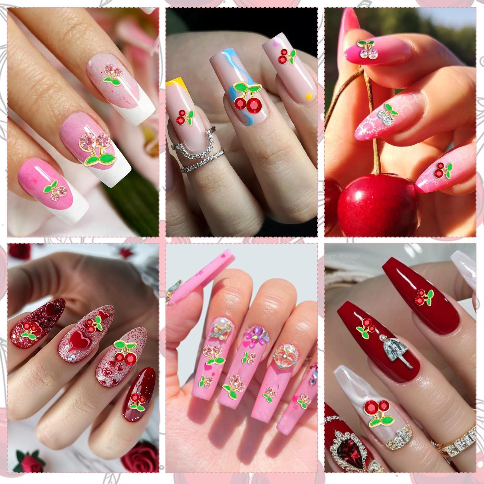 50 Stück 3D Kirsch-Nagelcharms – Pink & Rot Glänzend Für Nageldesign, Mit Strasssteinen