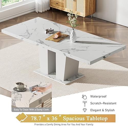 Miniatura 6 de Juego de mesa de comedor Goujxcy de 7 piezas extensible para 6-8 personas, 63-78 pulgadas, juego de mesa de cocina con 6 sillas tapizadas grises,