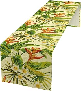 Tropical Table Runner, Flowers and Tree Leaves on Cream Background Hawaiian Flora, Dining Room Kitchen Rectangular Runner 13in(33cm) W * 36in(92cm) L