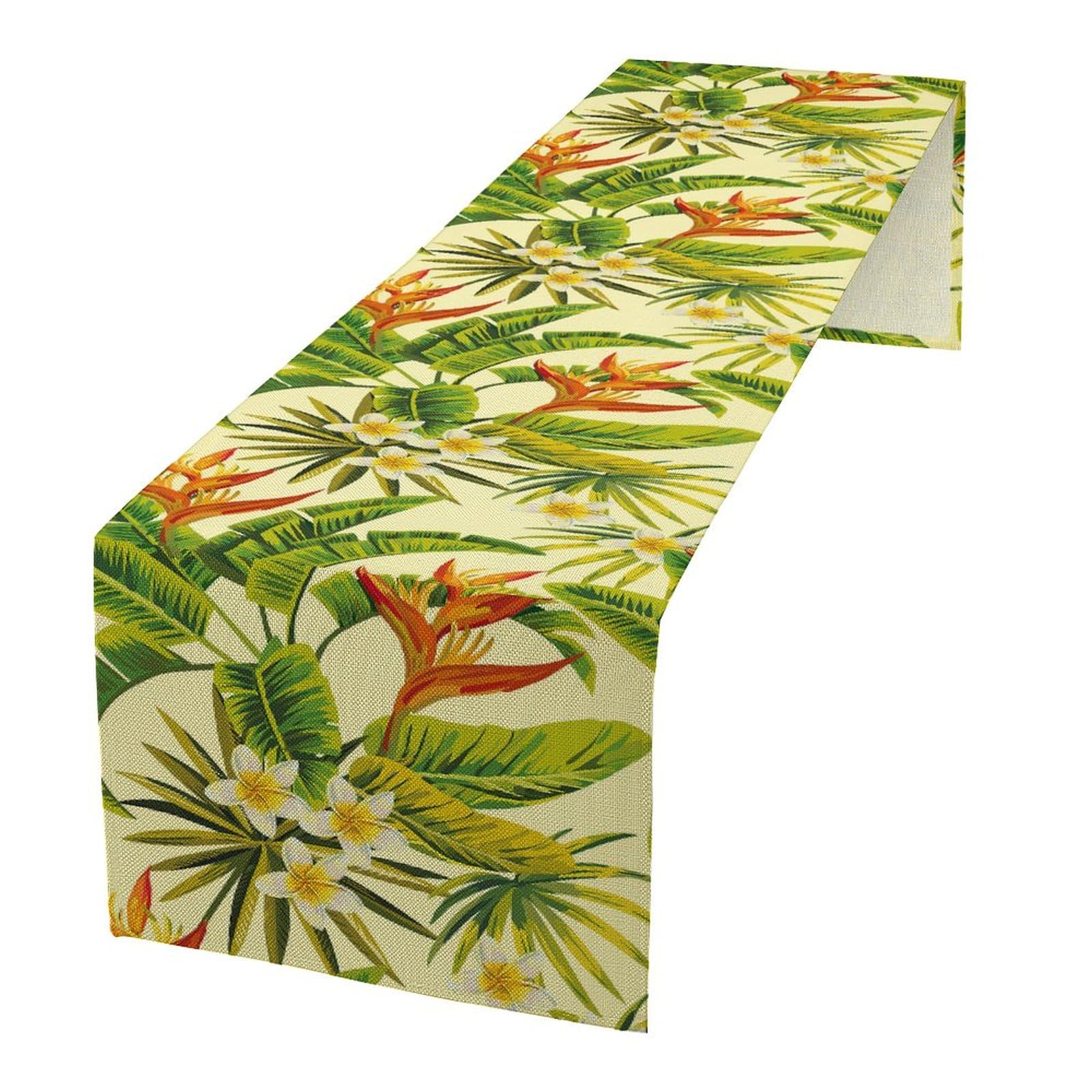 Tropical Table Runner, Flowers and Tree Leaves on Cream Background Hawaiian Flora, Dining Room Kitchen Rectangular Runner 13in(33cm) W * 72in(184cm) L