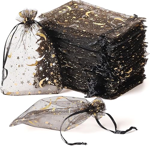 Miniatura 9 de 100 Piezas Bolsas de Organza de Luna y Estrella, Bolsas de Recuerdos de Boda de 4x6" con Cordón, Pequeñas Bolsitas de Regalo de Dulces de Malla