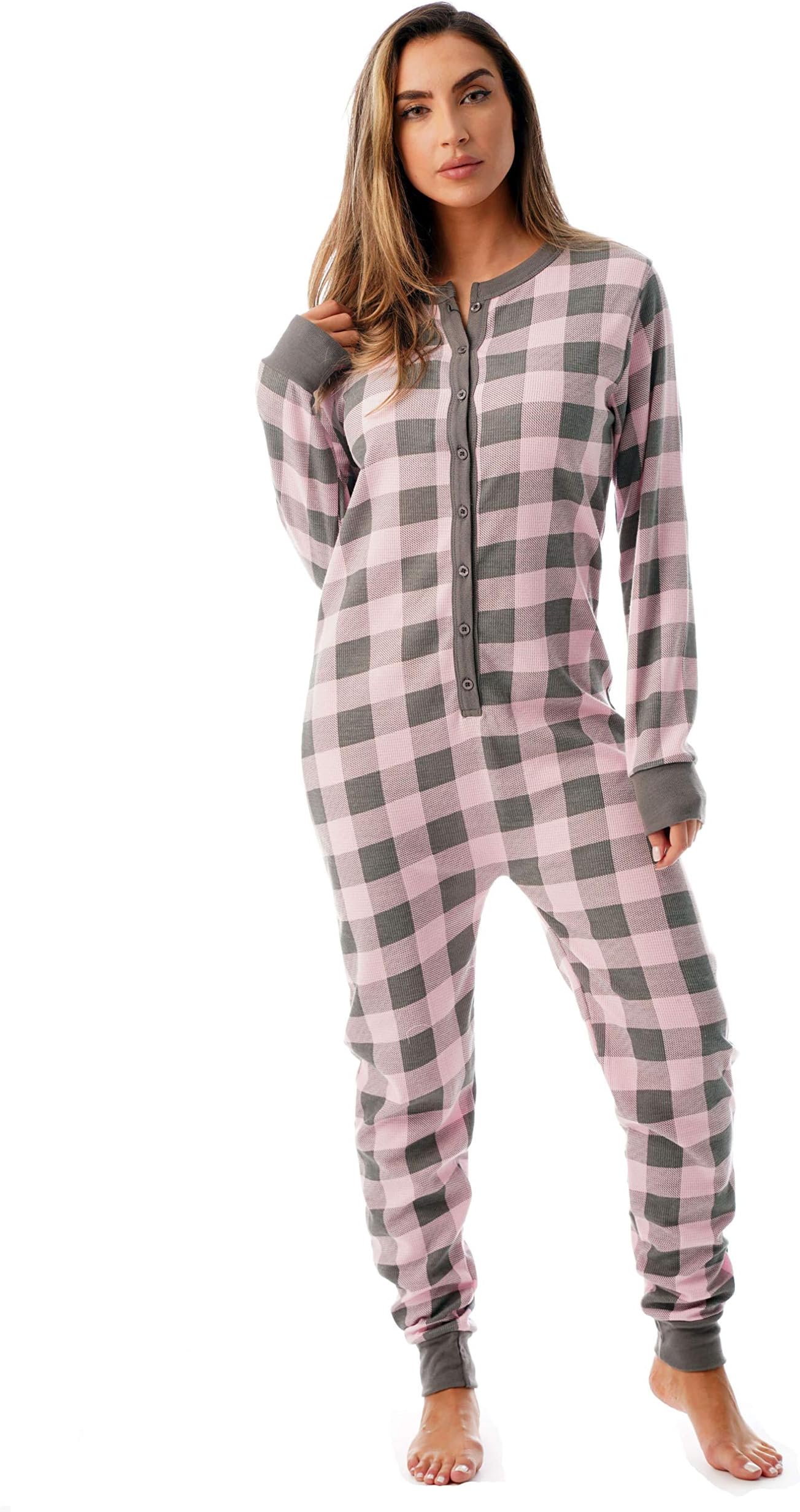 Womens Henley Thermal Onesie Buffalo Plaid and Tie Dye