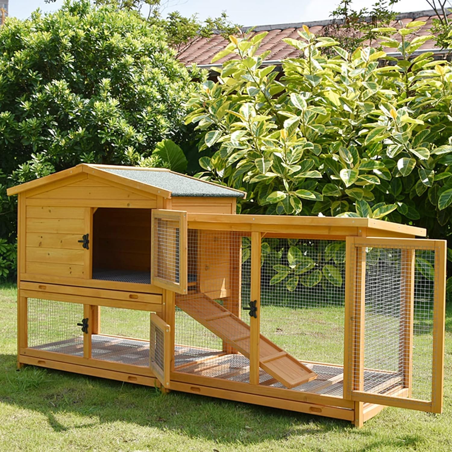 Kattenhuis van twee verdiepingen, huisdiervilla met uittrekbaar dienblad, binnen- en buitenkooi voor hond/kat/konijn/kip, dierenhok