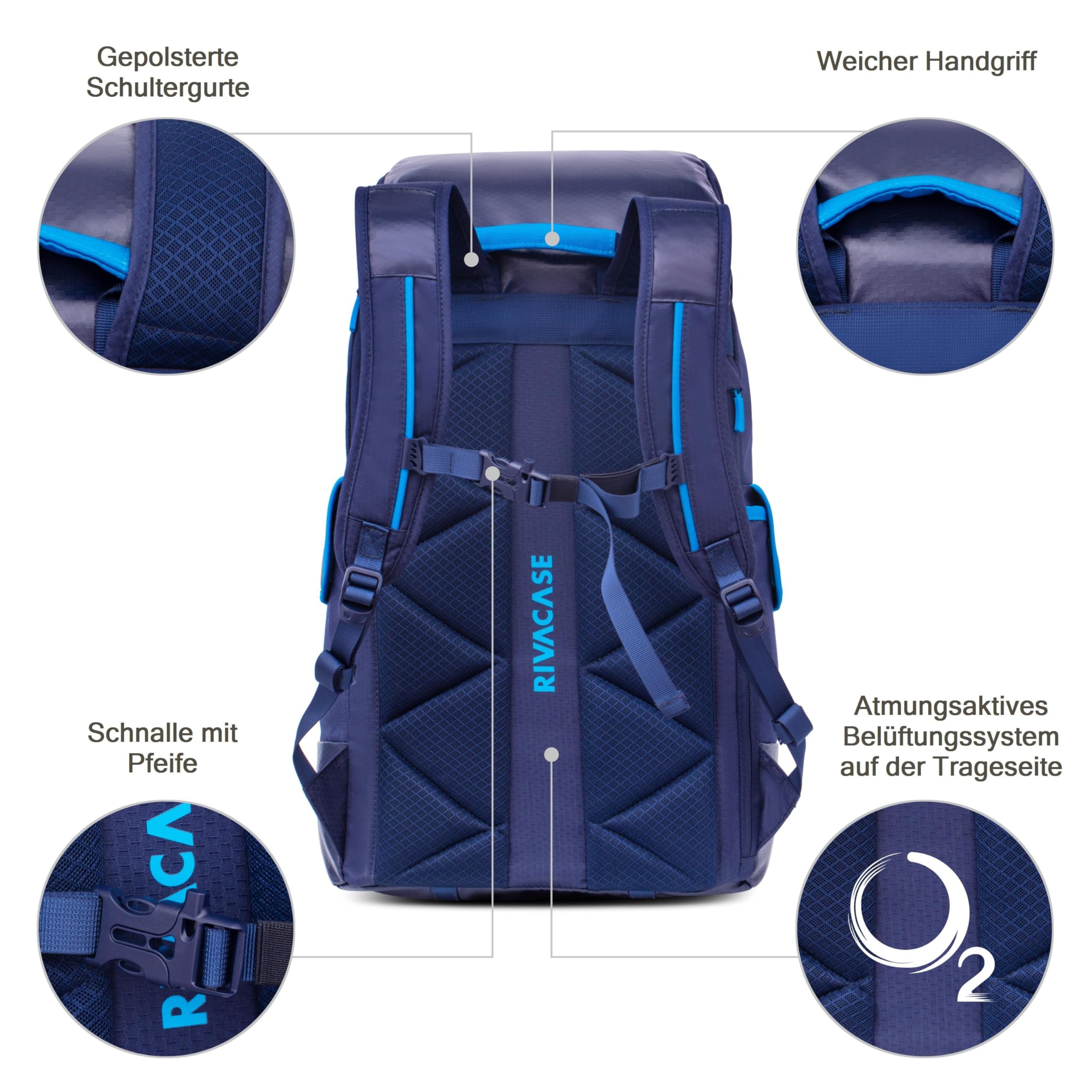 Rivacase 5361 - Zaino per computer portatile da 17,3", 30 l, con tracolla, luce riflettente, tasche nascoste, zaino unisex universitario studente, zaino per computer portatile