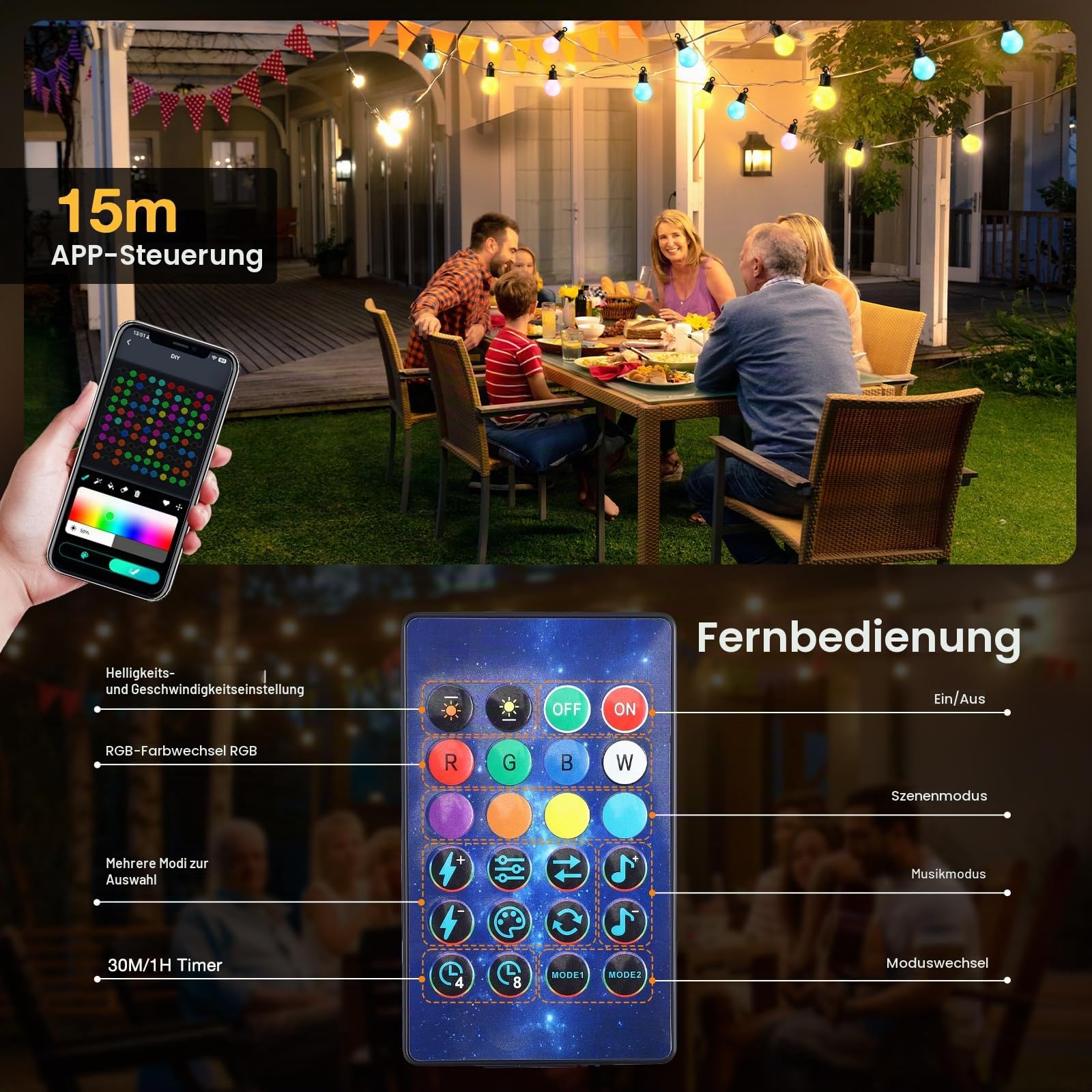 Lichterkette Outdoor, 100ft/30M Lichterkette Außen mit 50 Glühbirnen, Fernbedienung und App, Timer, 16 Millionen Farben und über 58 Szenenmodi, Wasserdichte Led Lichterkette für Party Garten