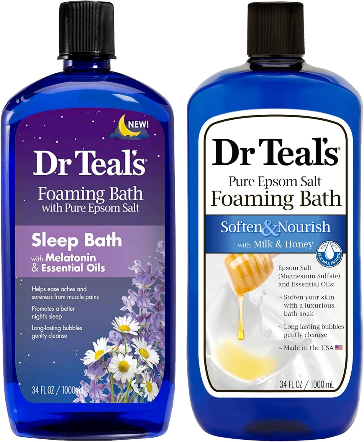 Dr Teal's Foaming Bath Combo Pack (68 fl oz Total), Melatonin Sleep Soak, and Soften & Nourish with Milk & Honey : Beauty & Personal Care