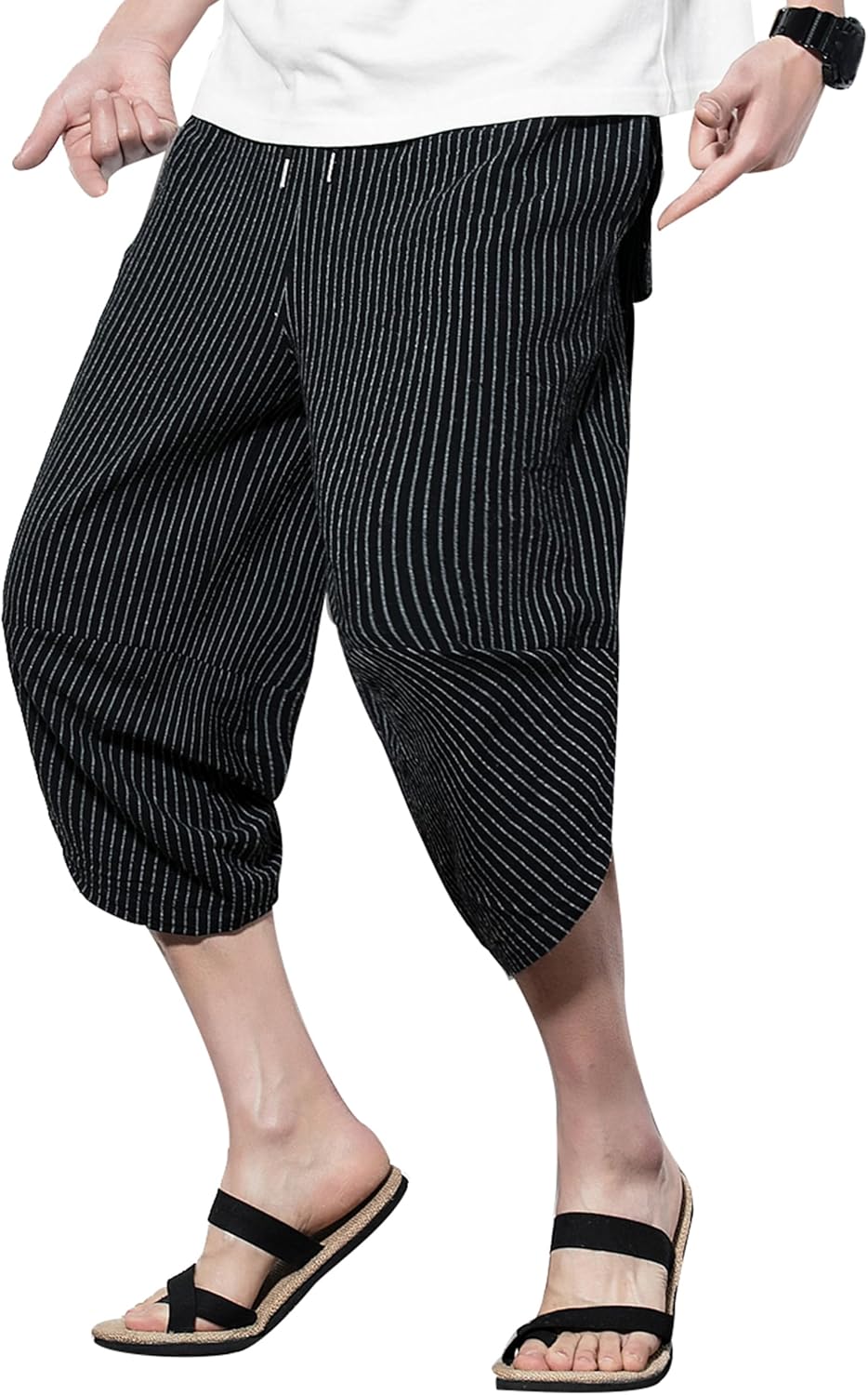PRIJOUHE Men's Harem Capri Pants, Wide Leg Mens Capris, Summer Linen Pants - Image 4