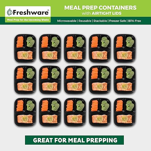 Miniatura 3 de Freshware Contenedores de preparación de comidas paquete de 150 3 compartimentos con tapas, contenedores de almacenamiento de alimentos, caja Bento,