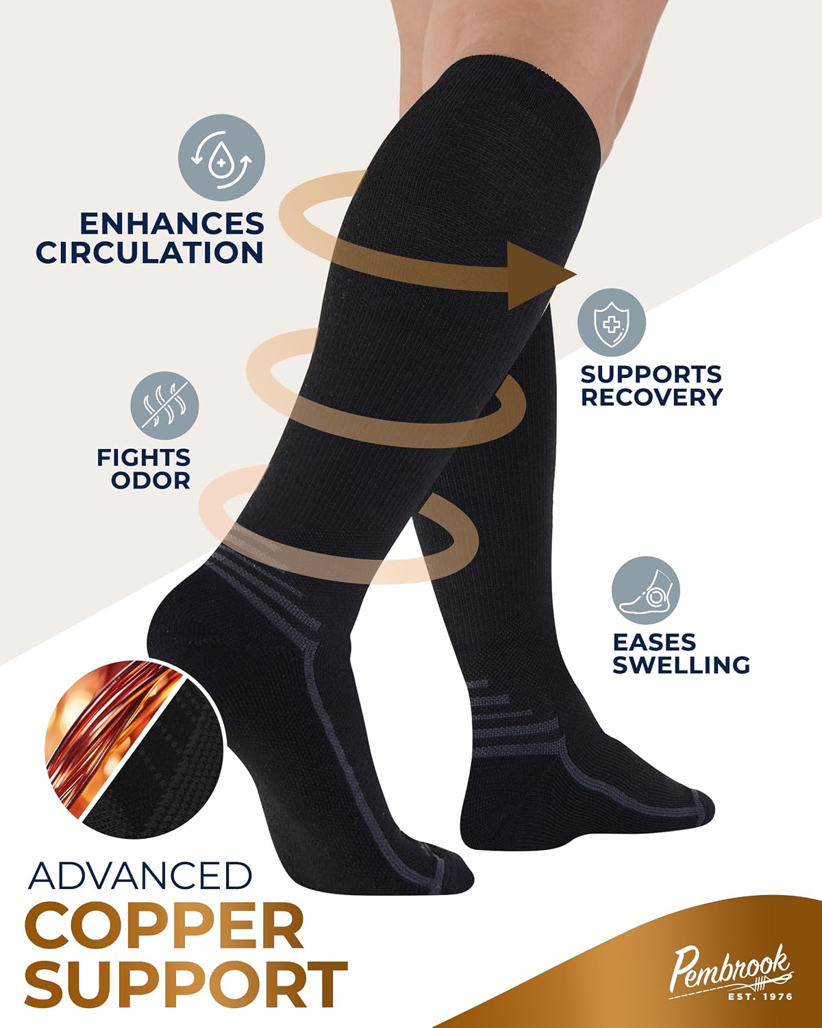 Pembrook 3 Pairs Copper Mens Compression Socks 20-30 mmHg, Running, Hiking, Athletic Cycling, Travel | Circulation Support