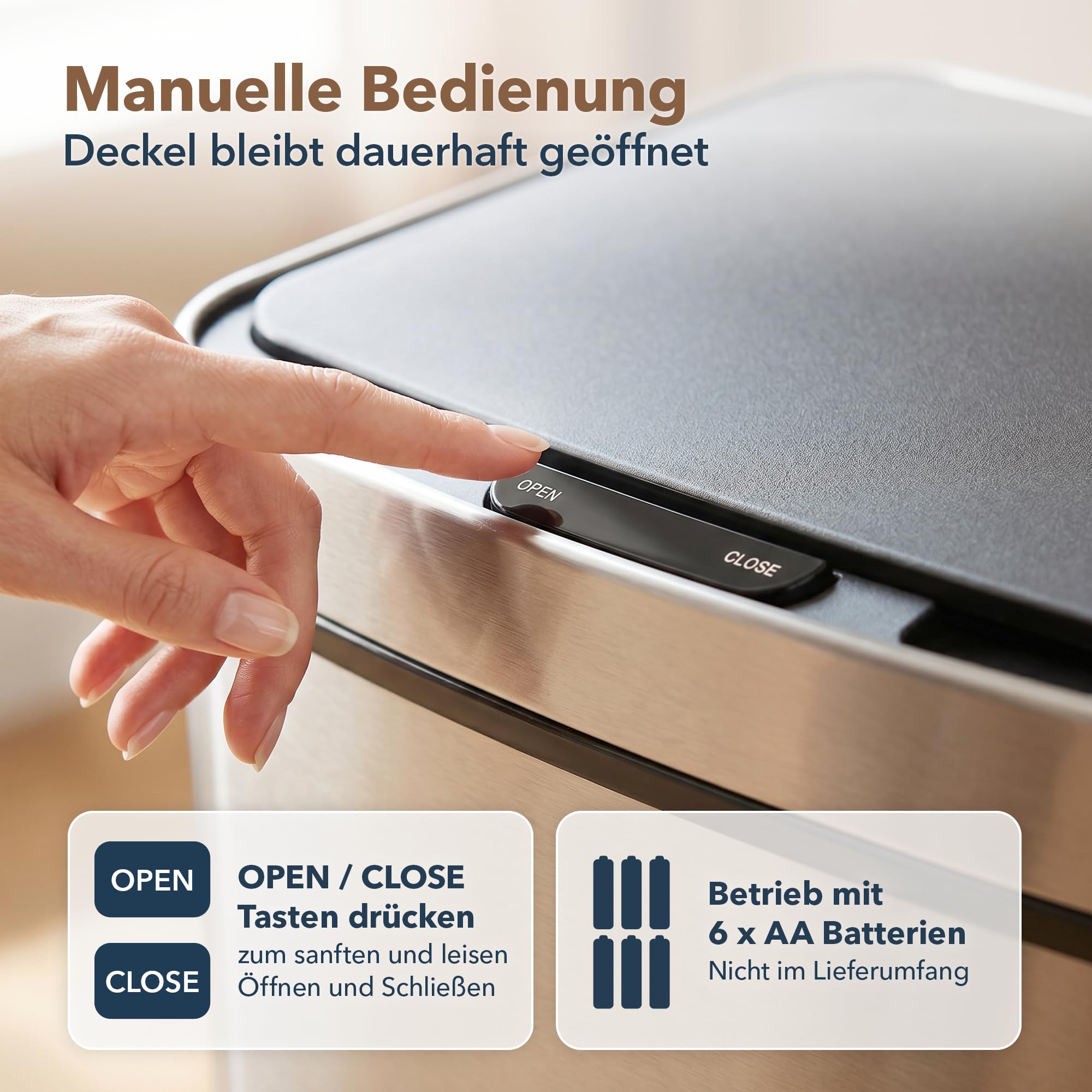 ledscom.de SORTA Sensor Mülleimer 72L, 3-Fächer Mülltrennsystem | Edelstahl, 3 Kammern: 47 L + 2×12,5 L, berührungslos, 5 Sek.-Auto-Close, herausnehmbare Inneneimer, 42 × 31,5 × 82,5 cm