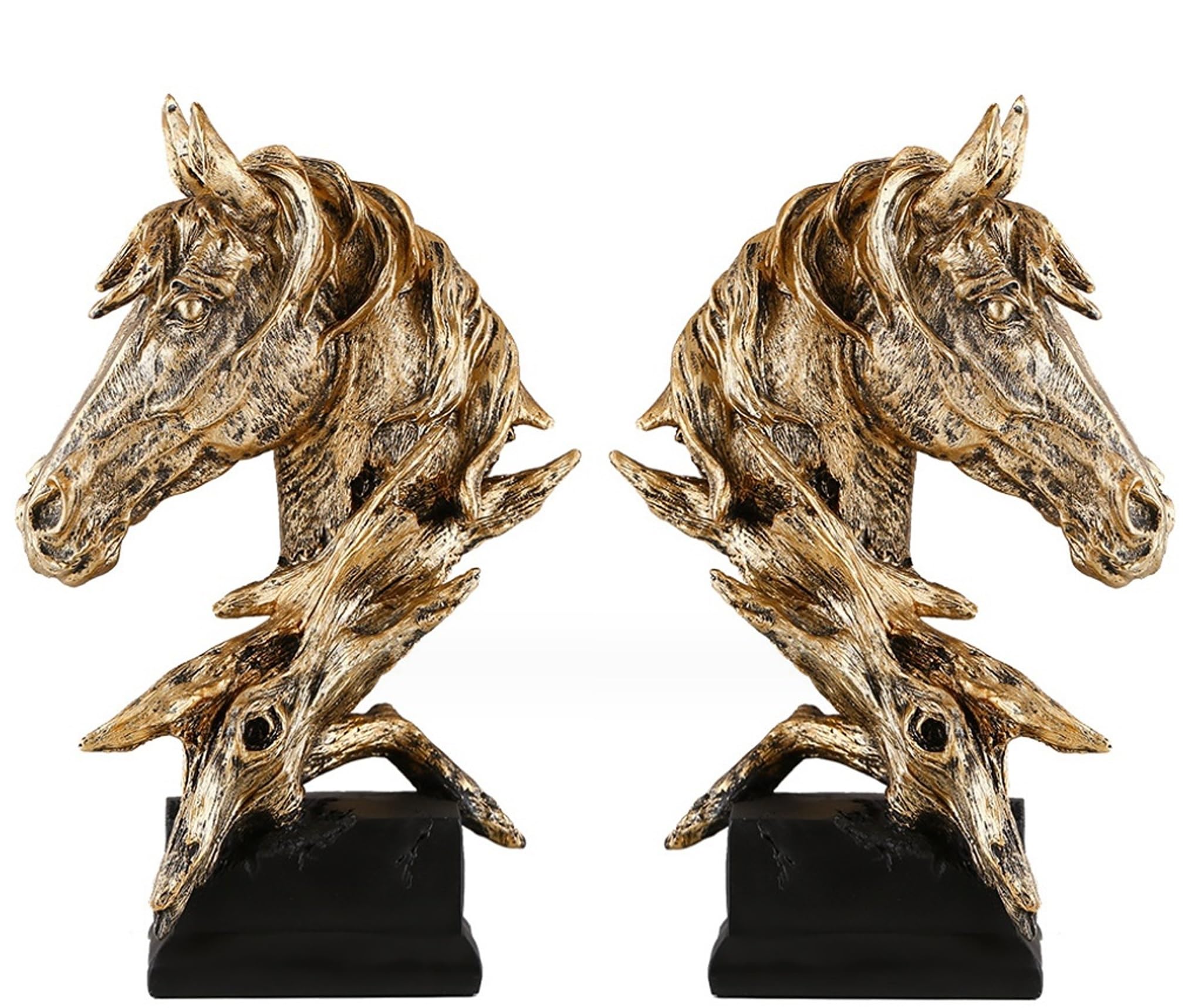 Juego de 2 esculturas de cabeza de caballo sobre pedestal, estatua de resina para el hogar, estatua de caballo en bronce, decoración de mesa con base, figura de caballo como decoración para salón,