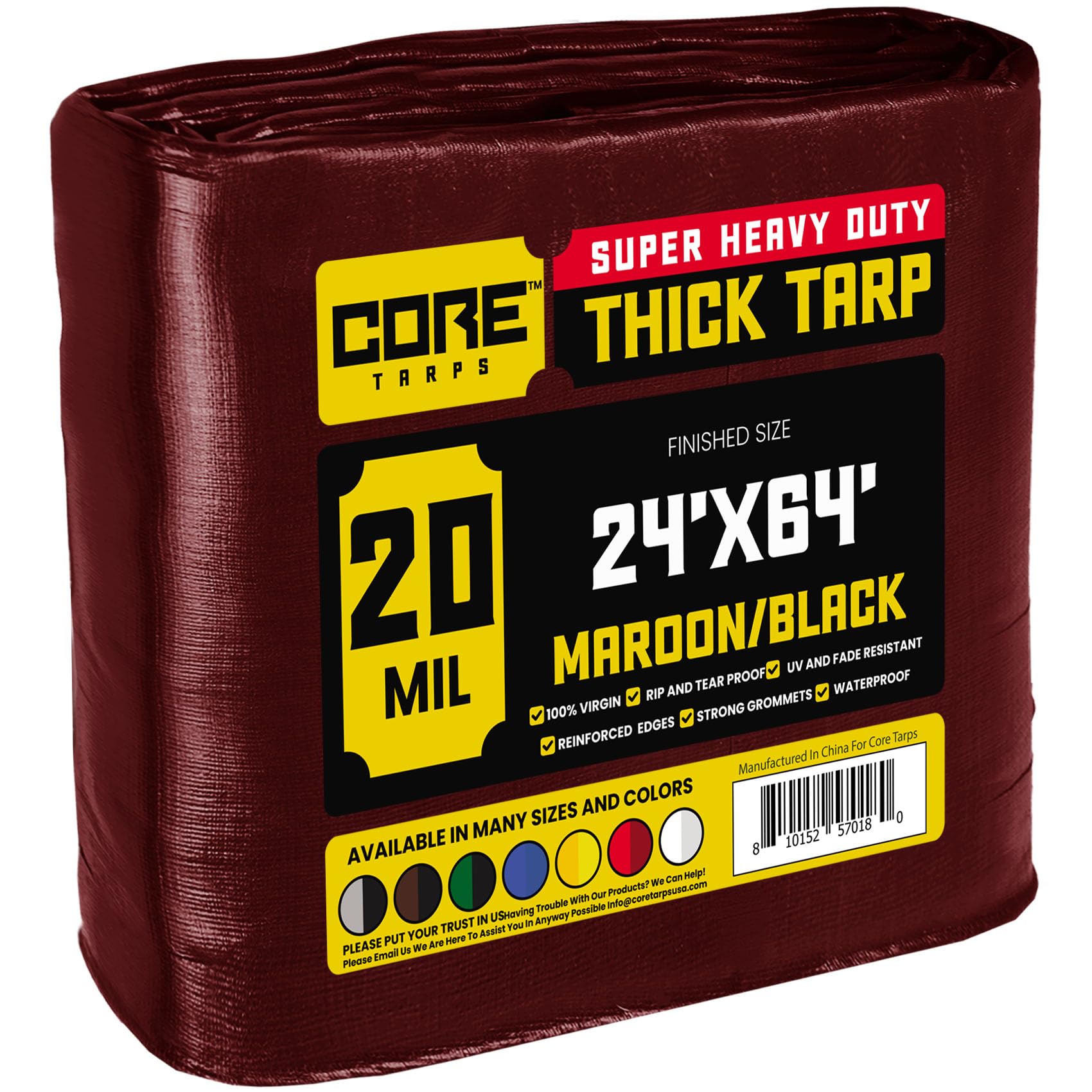 Core Tarps Extreme Heavy Duty 20 Mil Tarp Cover, Waterproof, UV Resistant, Rip and Tear Proof, Poly Tarpaulin with Reinforced Edges for Roof, Patio, Pool, Boat (Maroon/Black 24′ X 64′)